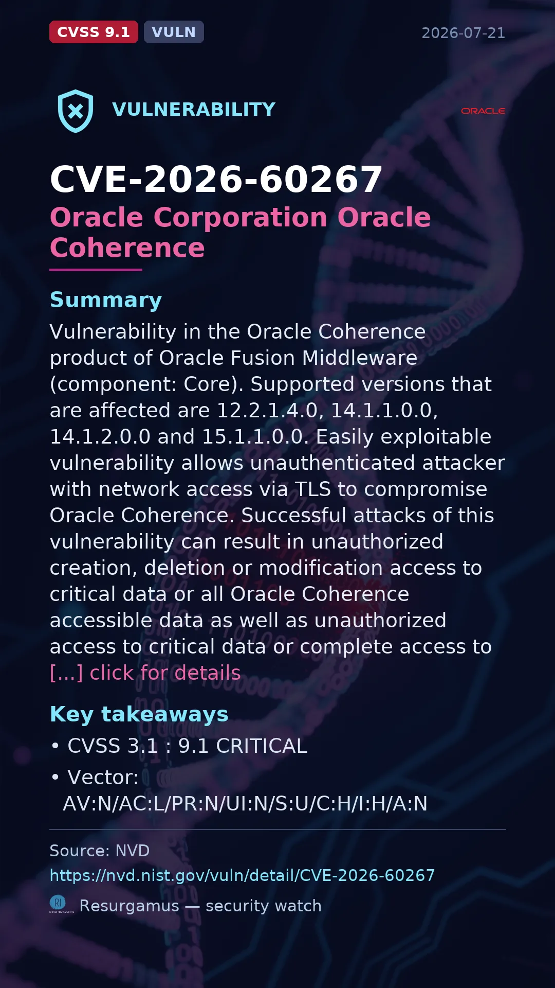 CVE-2026-60267 Oracle Corporation Oracle Coherence Vulnerability