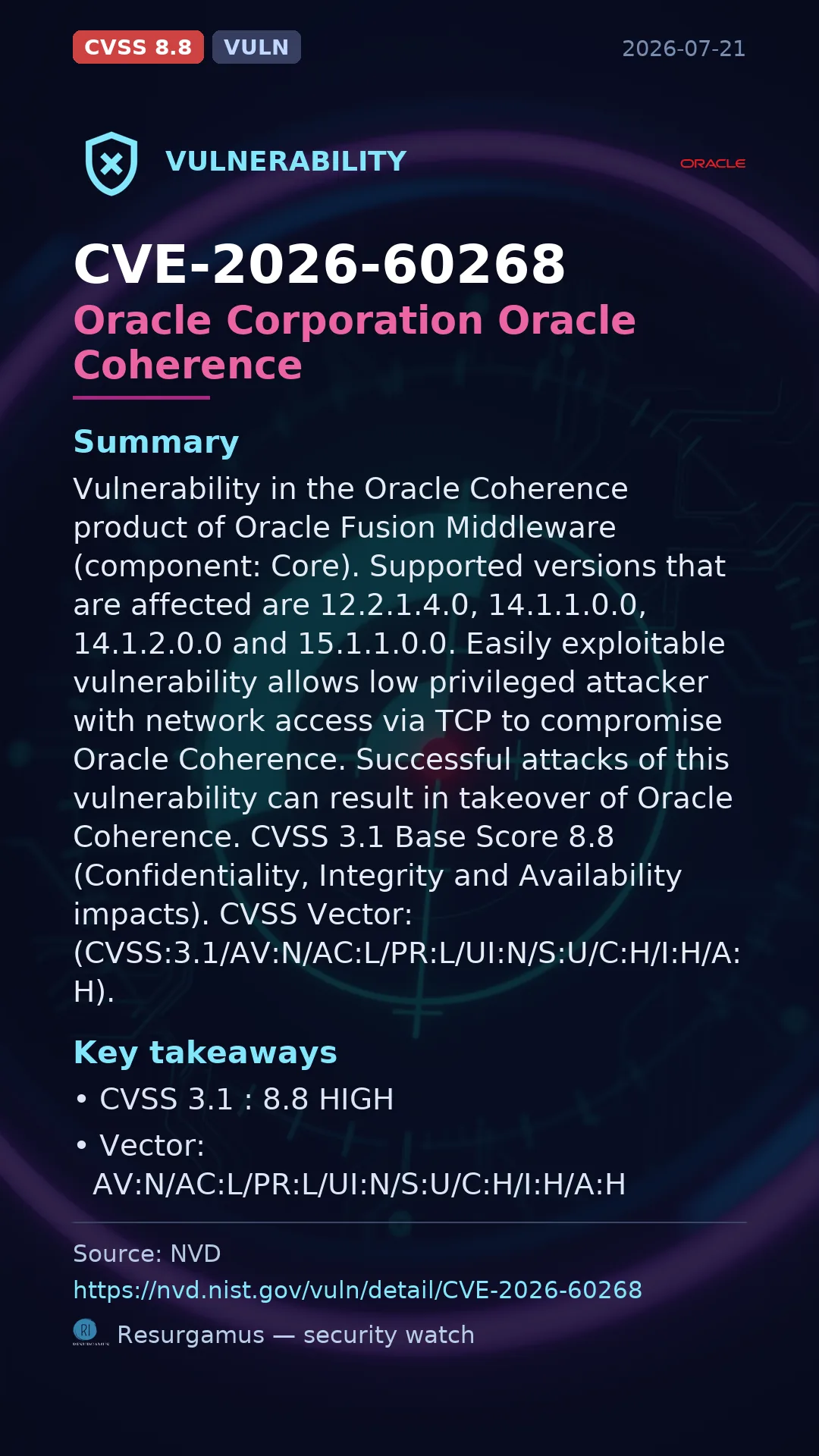 CVE-2026-60268 Oracle Corporation Oracle Coherence Vulnerability