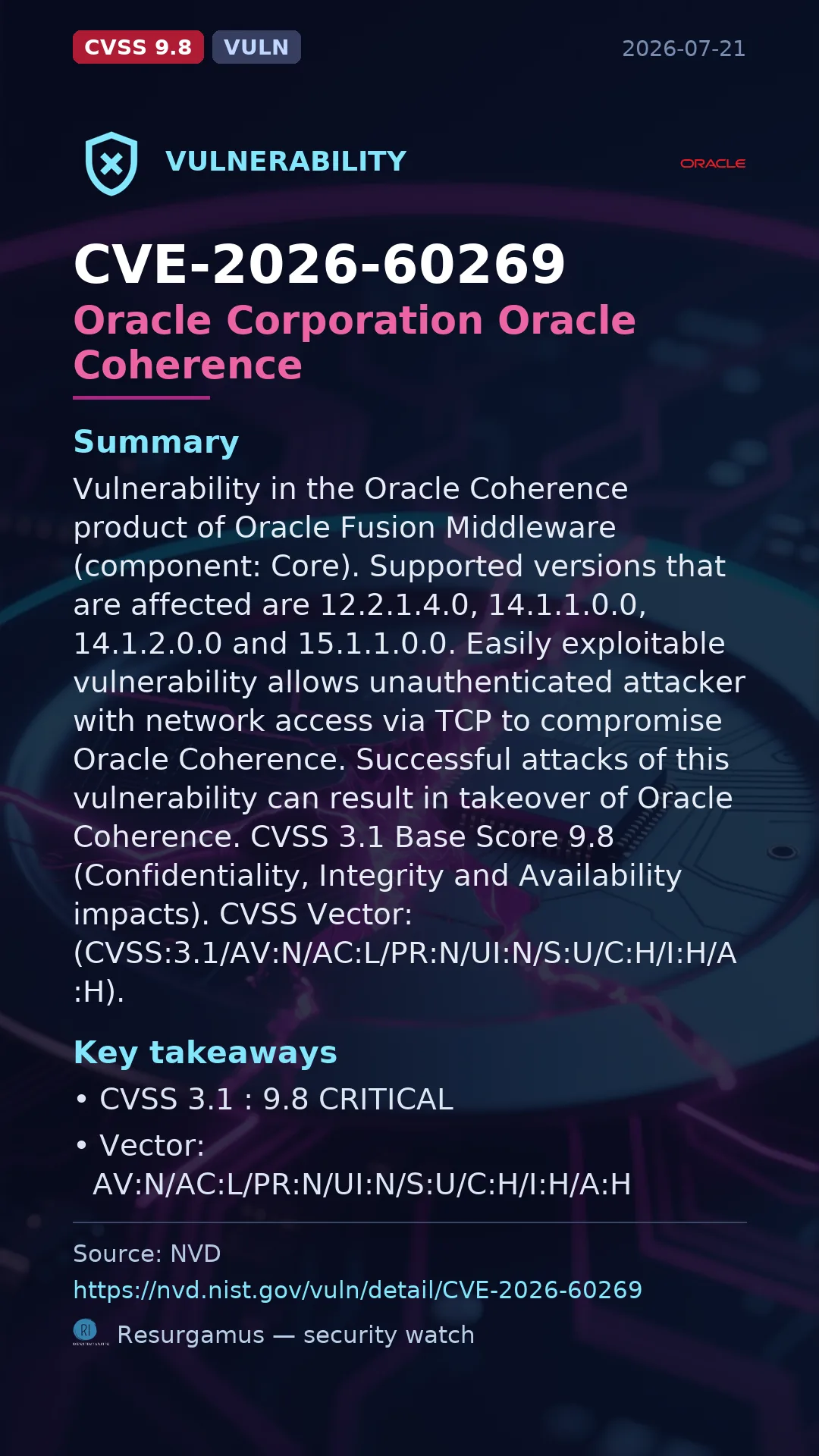 CVE-2026-60269 Oracle Corporation Oracle Coherence Vulnerability