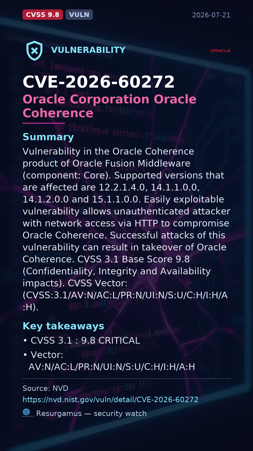 CVE-2026-60272 Oracle Corporation Oracle Coherence Vulnerability