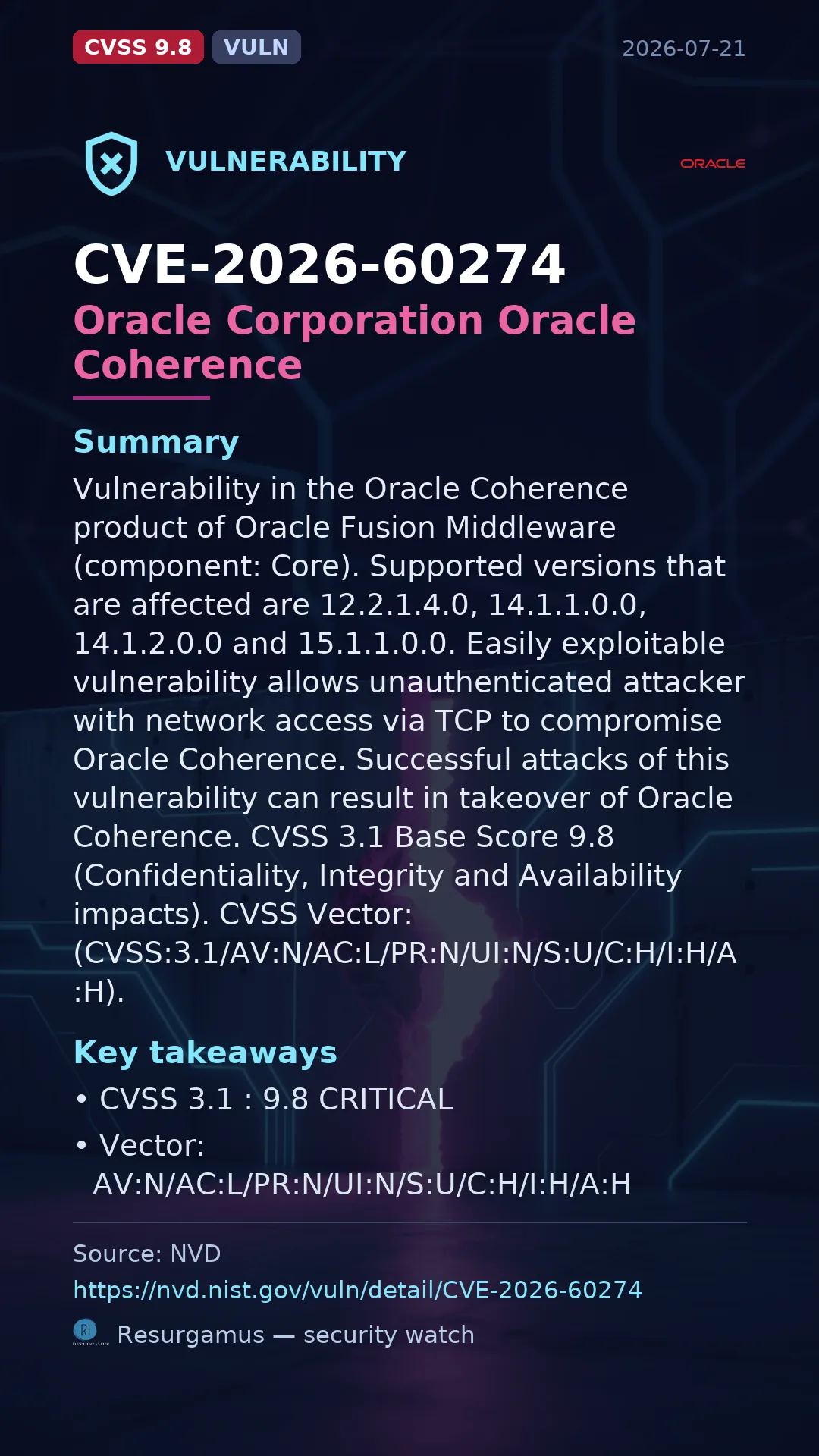 CVE-2026-60274 Oracle Corporation Oracle Coherence Vulnerability