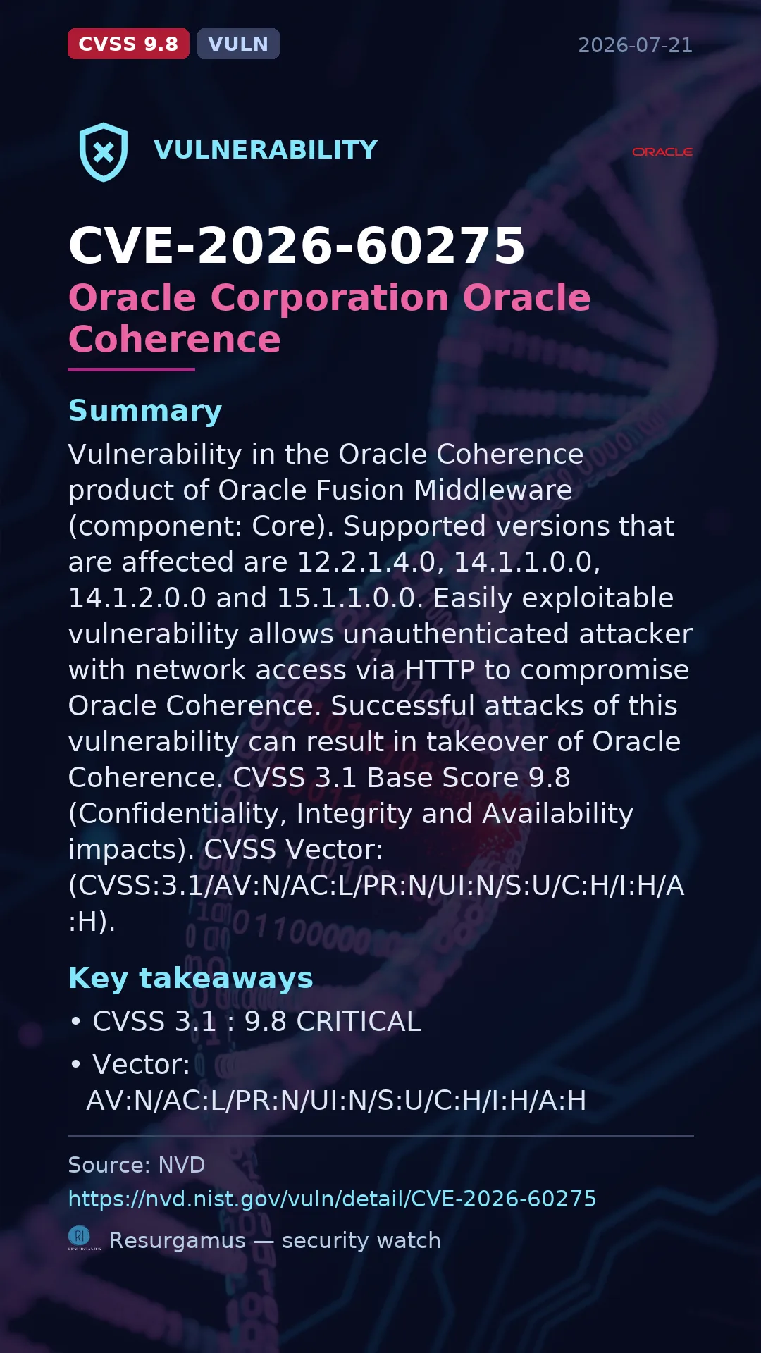 CVE-2026-60275 Oracle Corporation Oracle Coherence Vulnerability