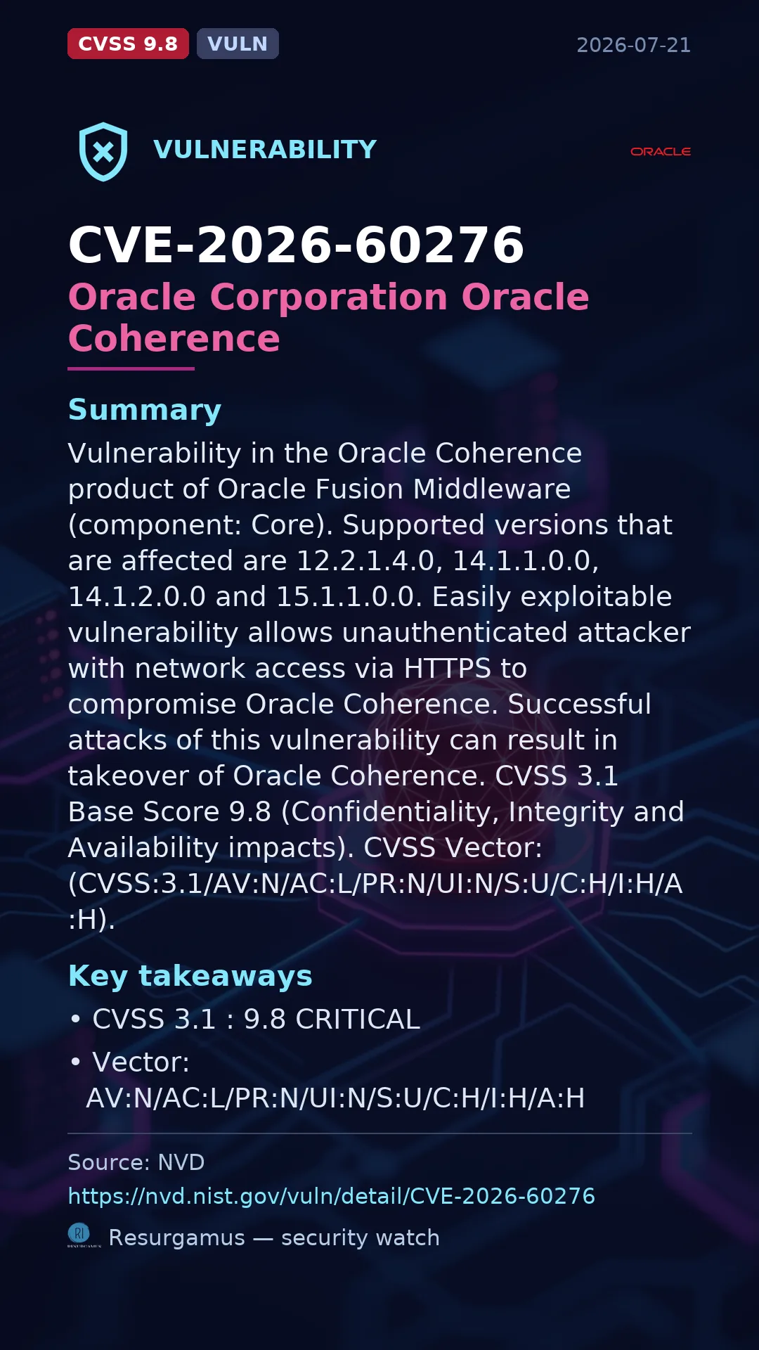 CVE-2026-60276 Oracle Corporation Oracle Coherence Vulnerability