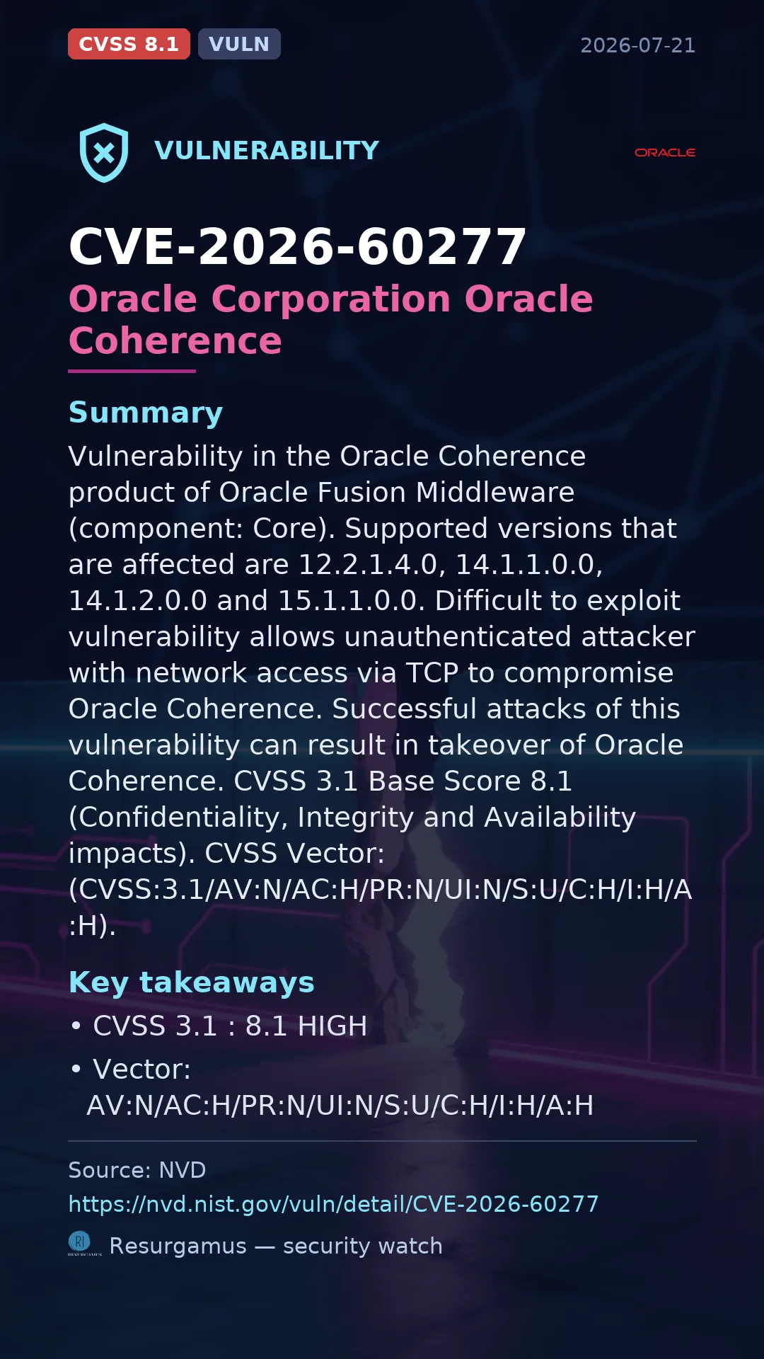 CVE-2026-60277 Oracle Corporation Oracle Coherence Vulnerability
