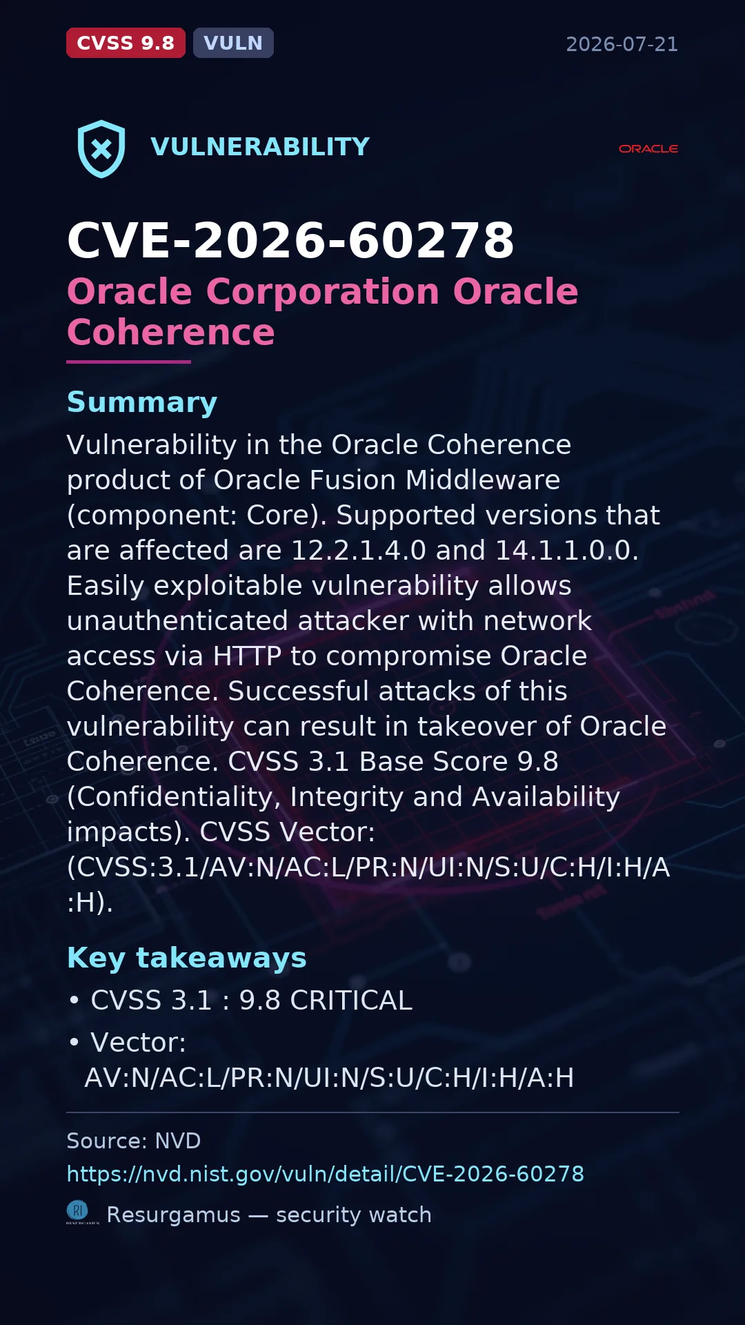 CVE-2026-60278 Oracle Corporation Oracle Coherence Vulnerability