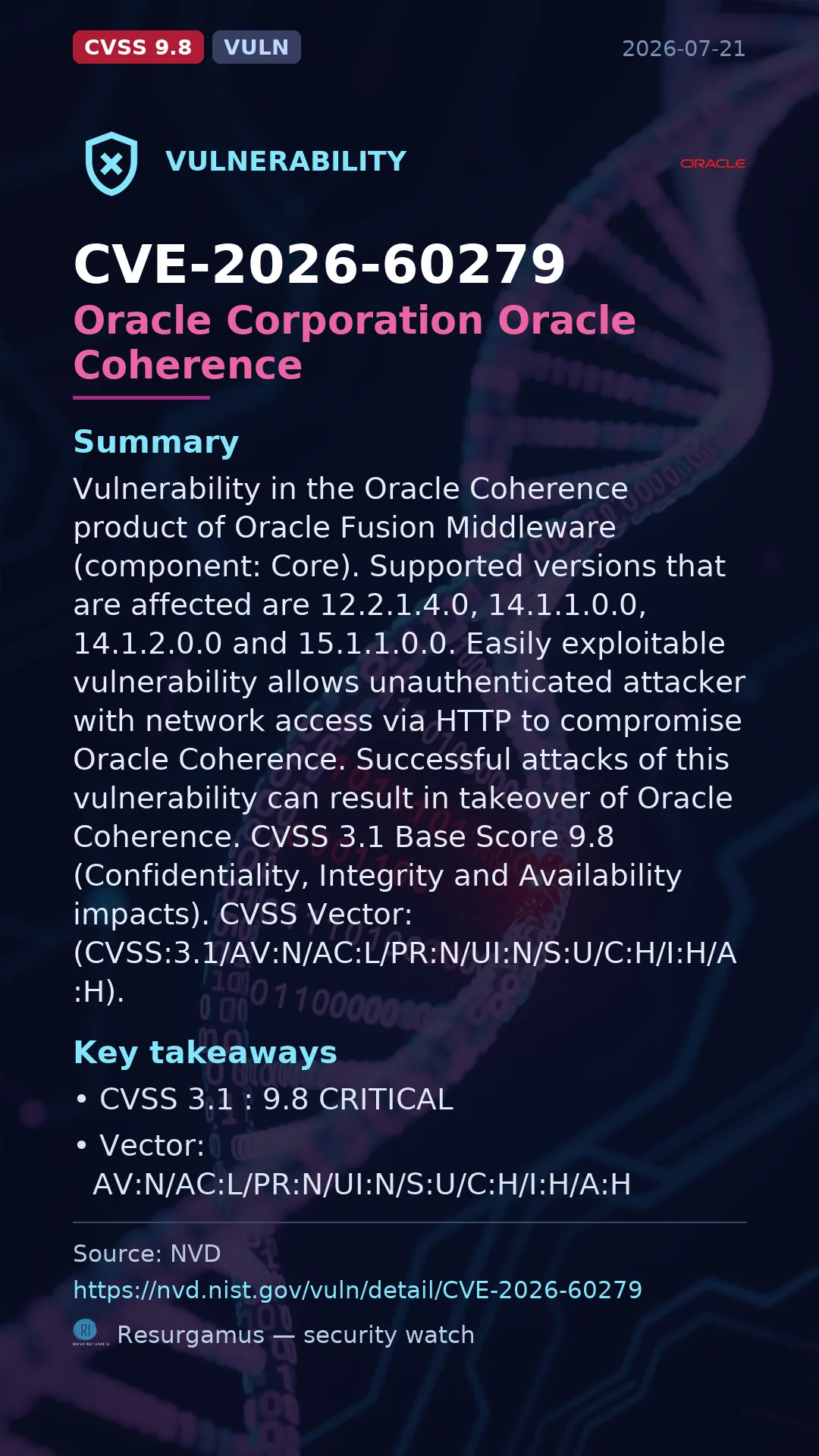 CVE-2026-60279 Oracle Corporation Oracle Coherence Vulnerability