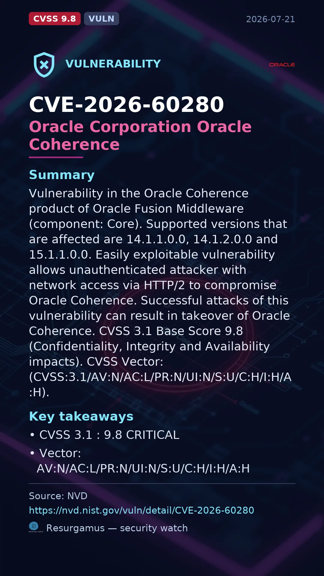 CVE-2026-60280 Oracle Corporation Oracle Coherence Vulnerability