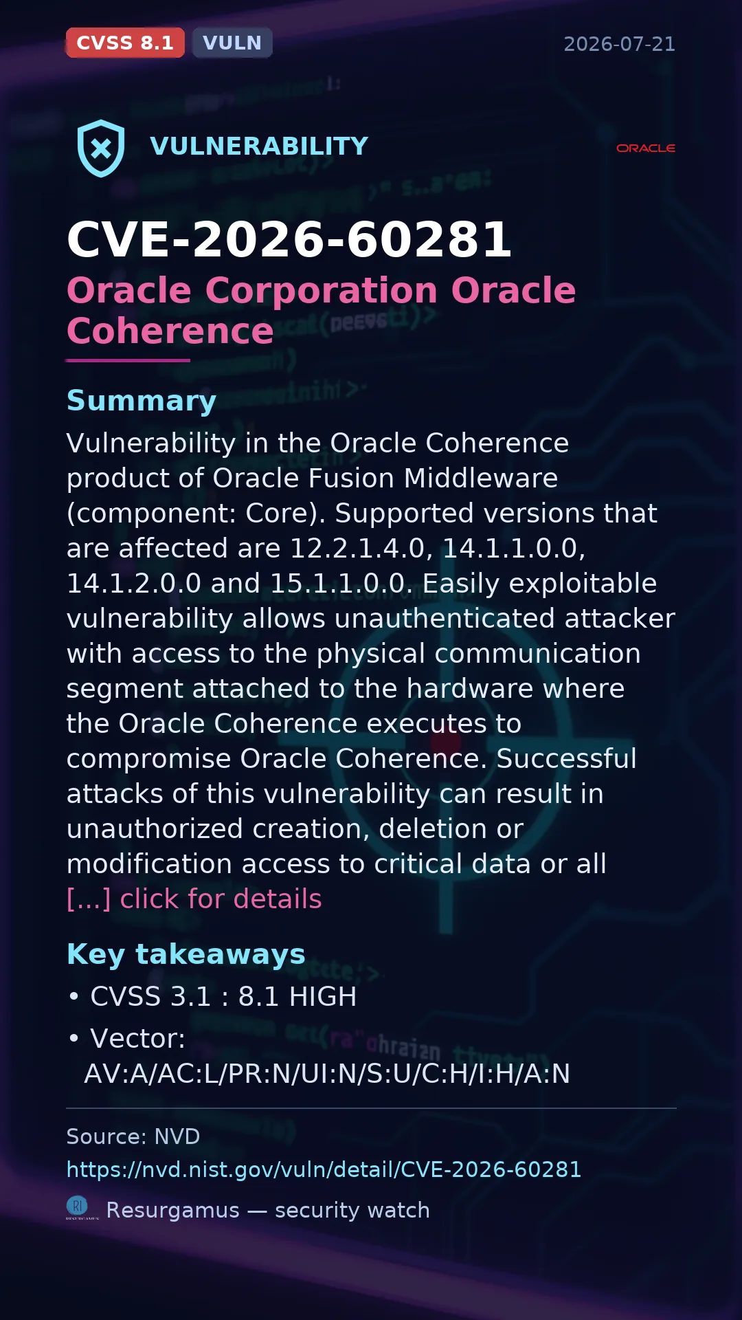 CVE-2026-60281 Oracle Corporation Oracle Coherence Vulnerability