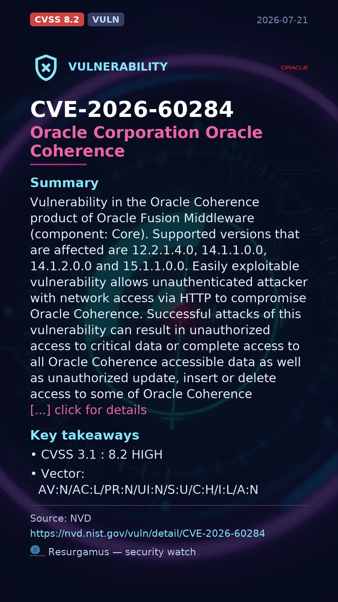 CVE-2026-60284 Oracle Corporation Oracle Coherence Vulnerability
