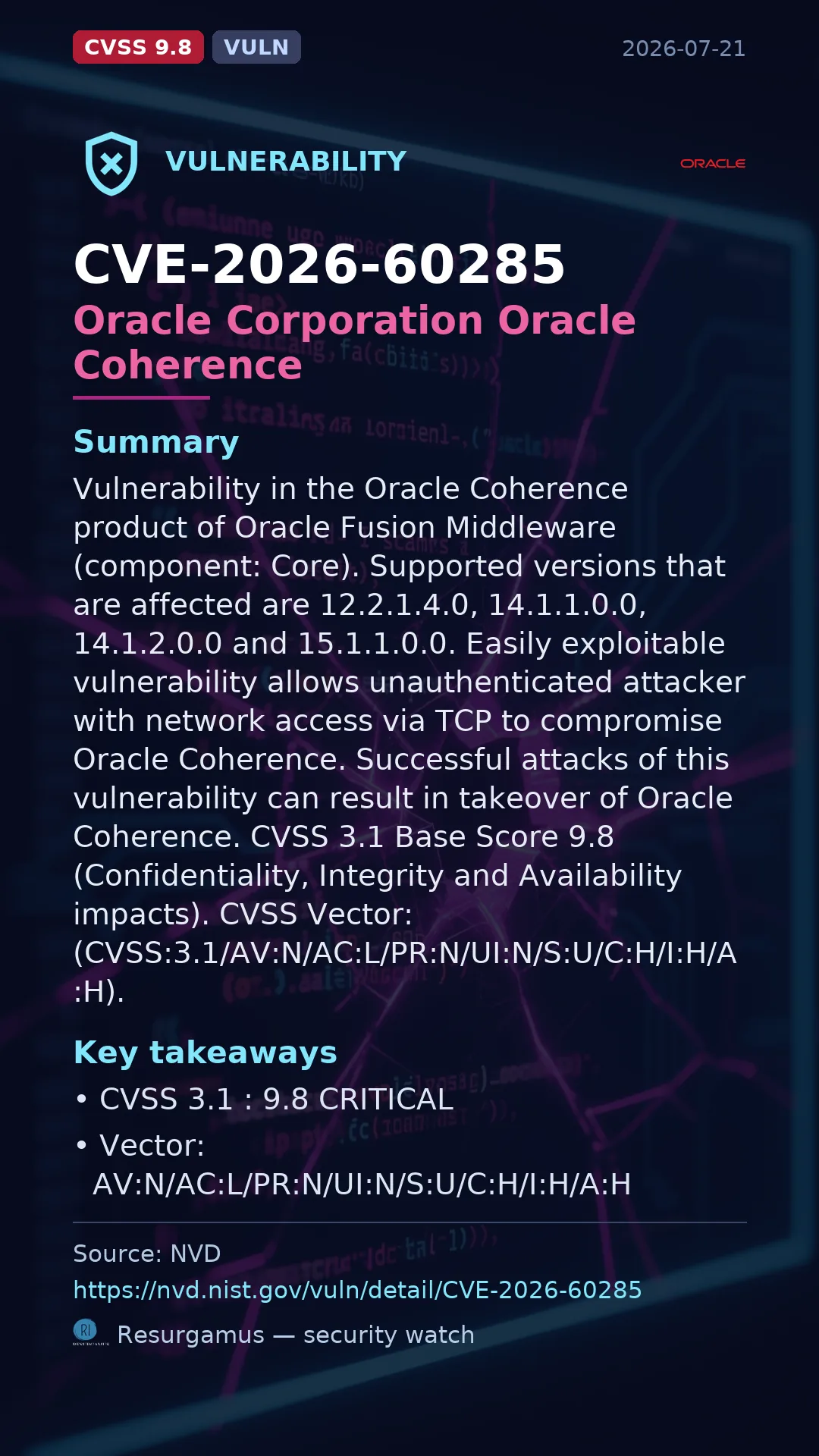CVE-2026-60285 Oracle Corporation Oracle Coherence Vulnerability