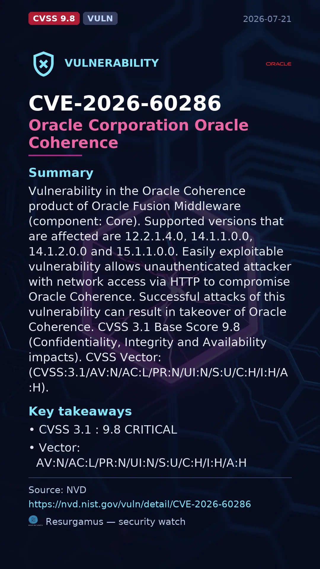 CVE-2026-60286 Oracle Corporation Oracle Coherence Vulnerability