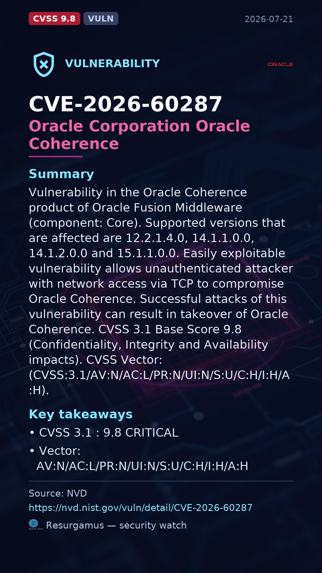 CVE-2026-60287 Oracle Corporation Oracle Coherence Vulnerability