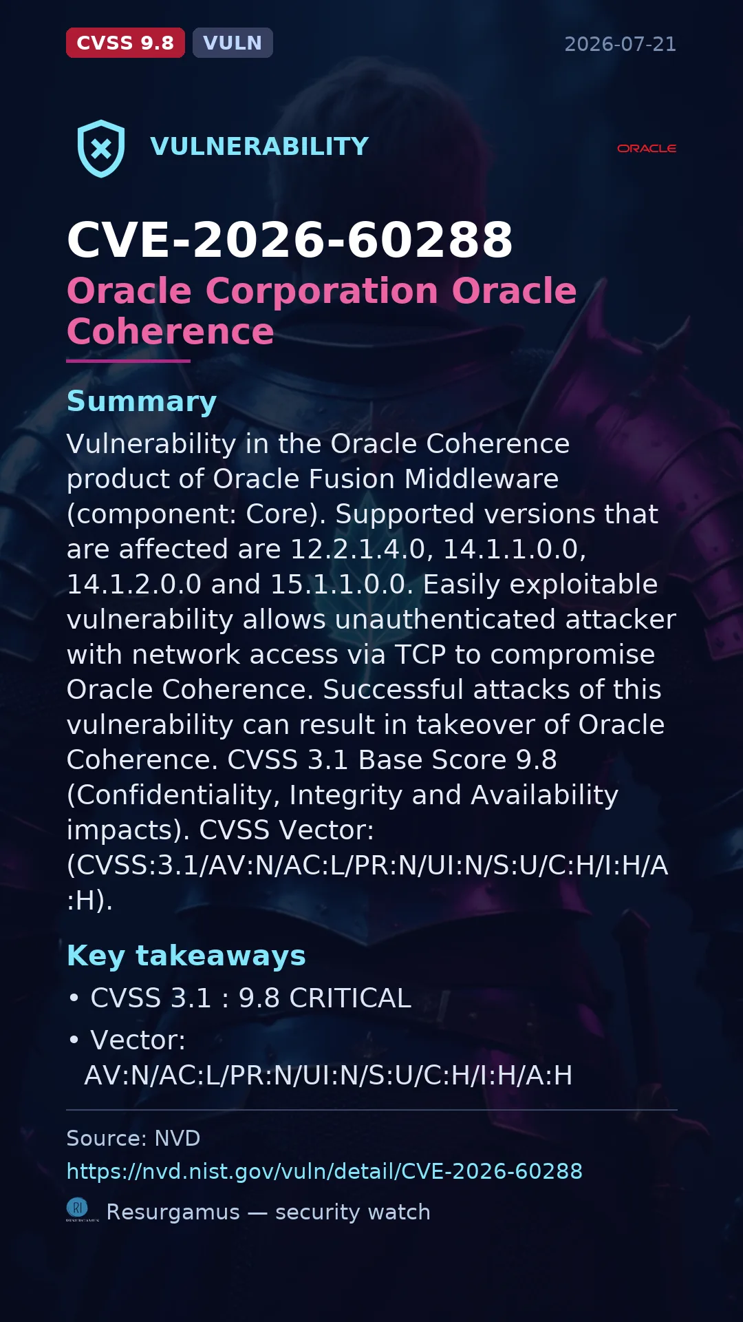 CVE-2026-60288 Oracle Corporation Oracle Coherence Vulnerability