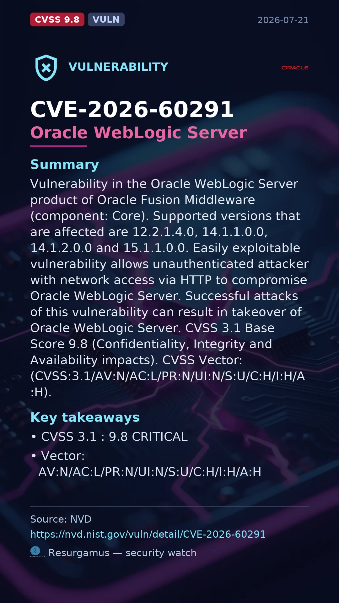 CVE-2026-60291 Oracle WebLogic Server Vulnerability