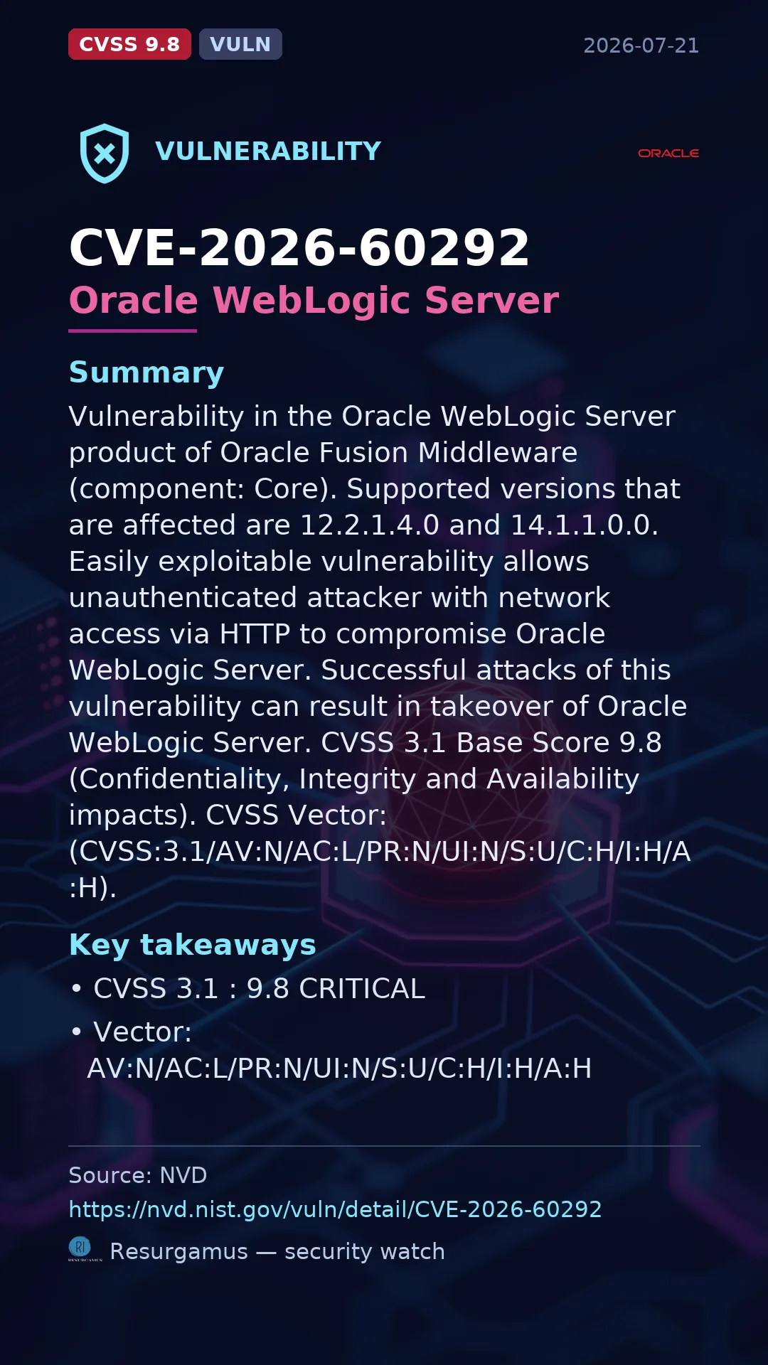 CVE-2026-60292 Oracle WebLogic Server Vulnerability