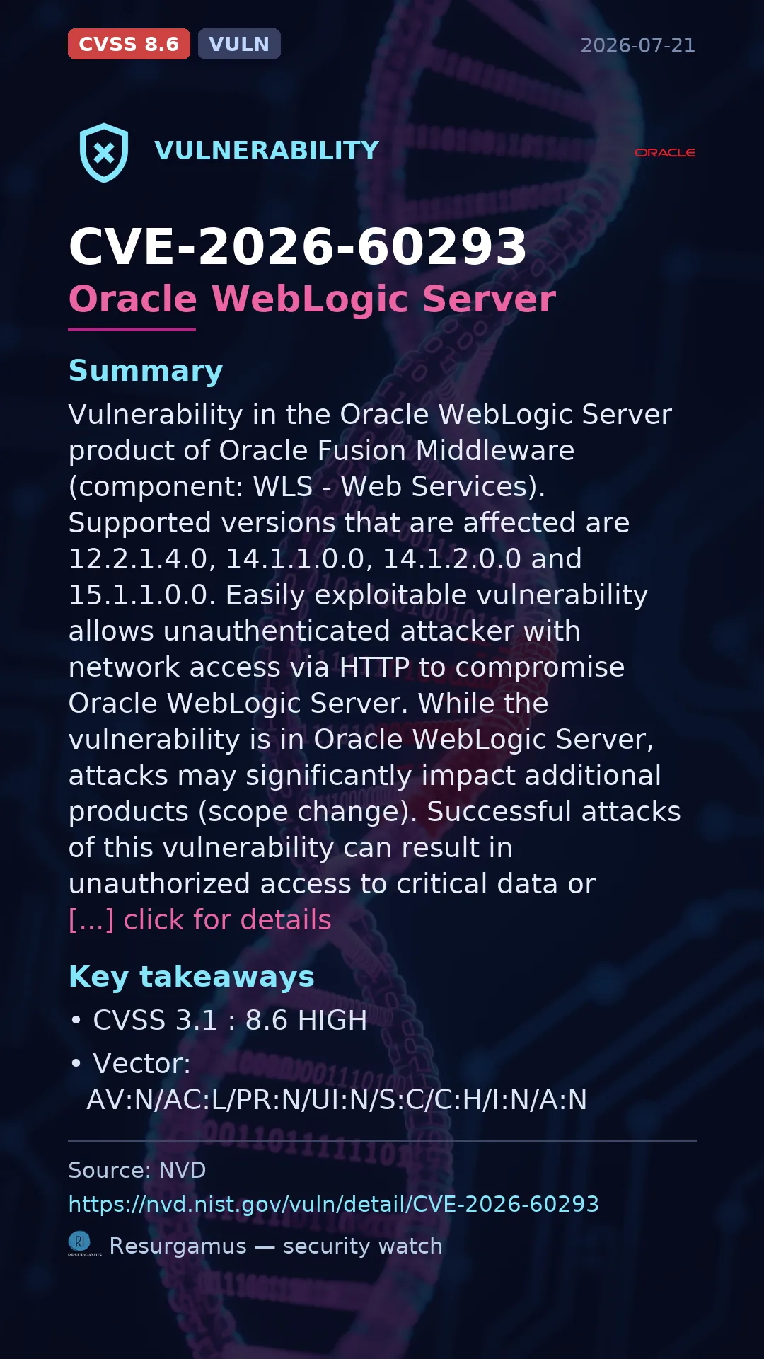 CVE-2026-60293 Oracle WebLogic Server Vulnerability