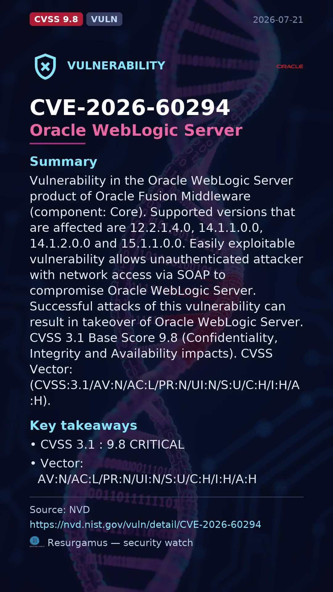 CVE-2026-60294 Oracle WebLogic Server Vulnerability