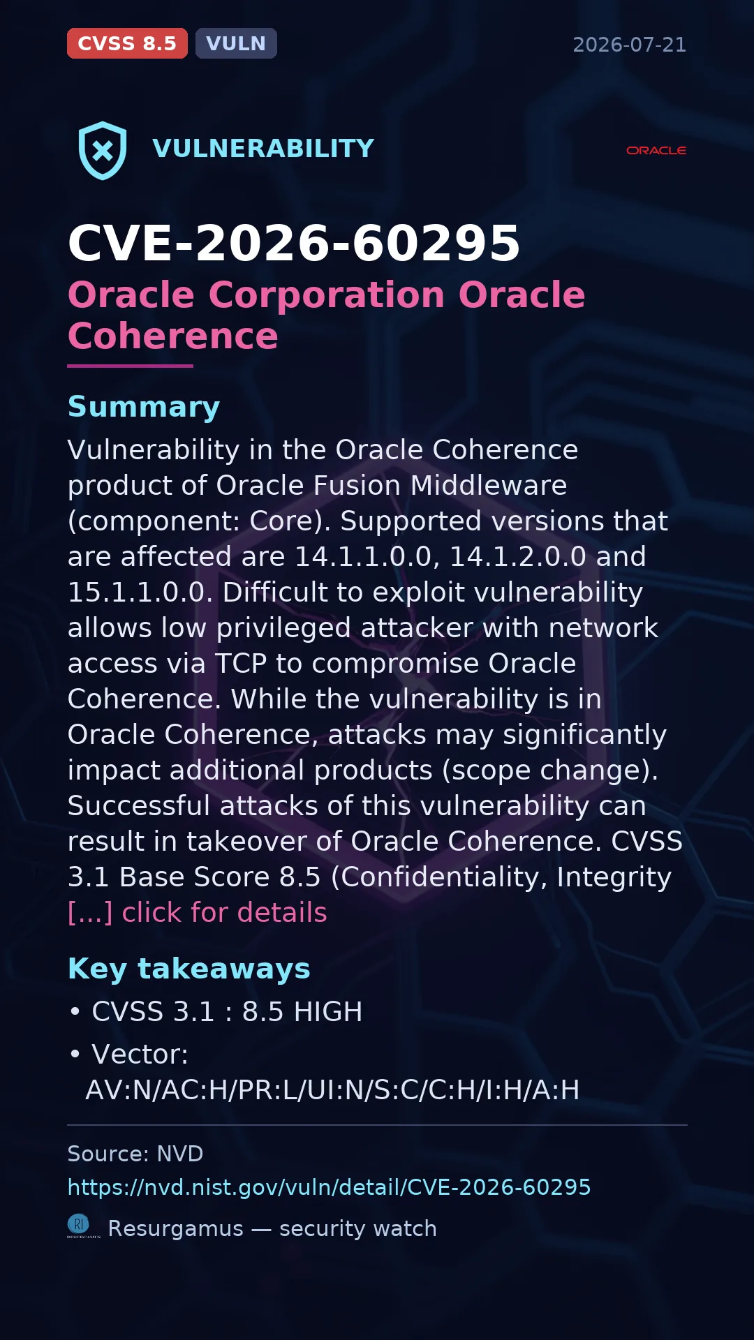 CVE-2026-60295 Oracle Corporation Oracle Coherence Vulnerability
