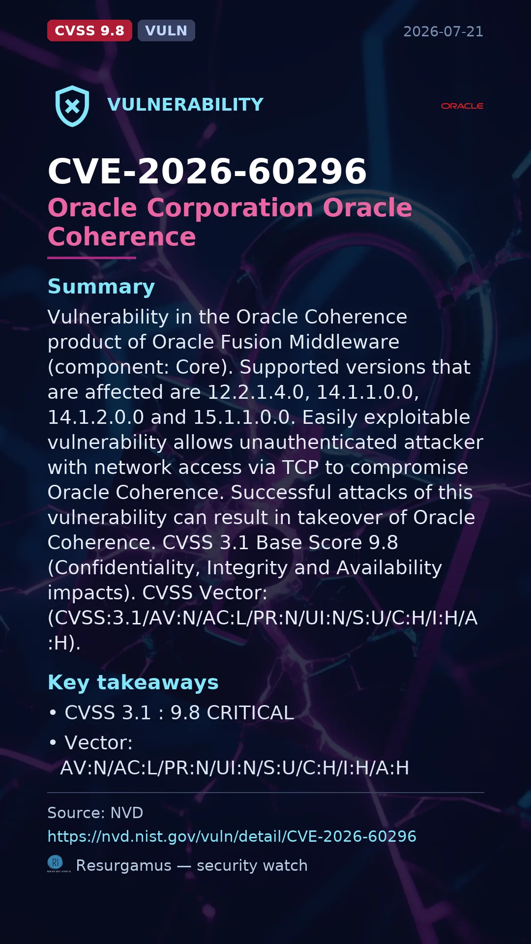 CVE-2026-60296 Oracle Corporation Oracle Coherence Vulnerability
