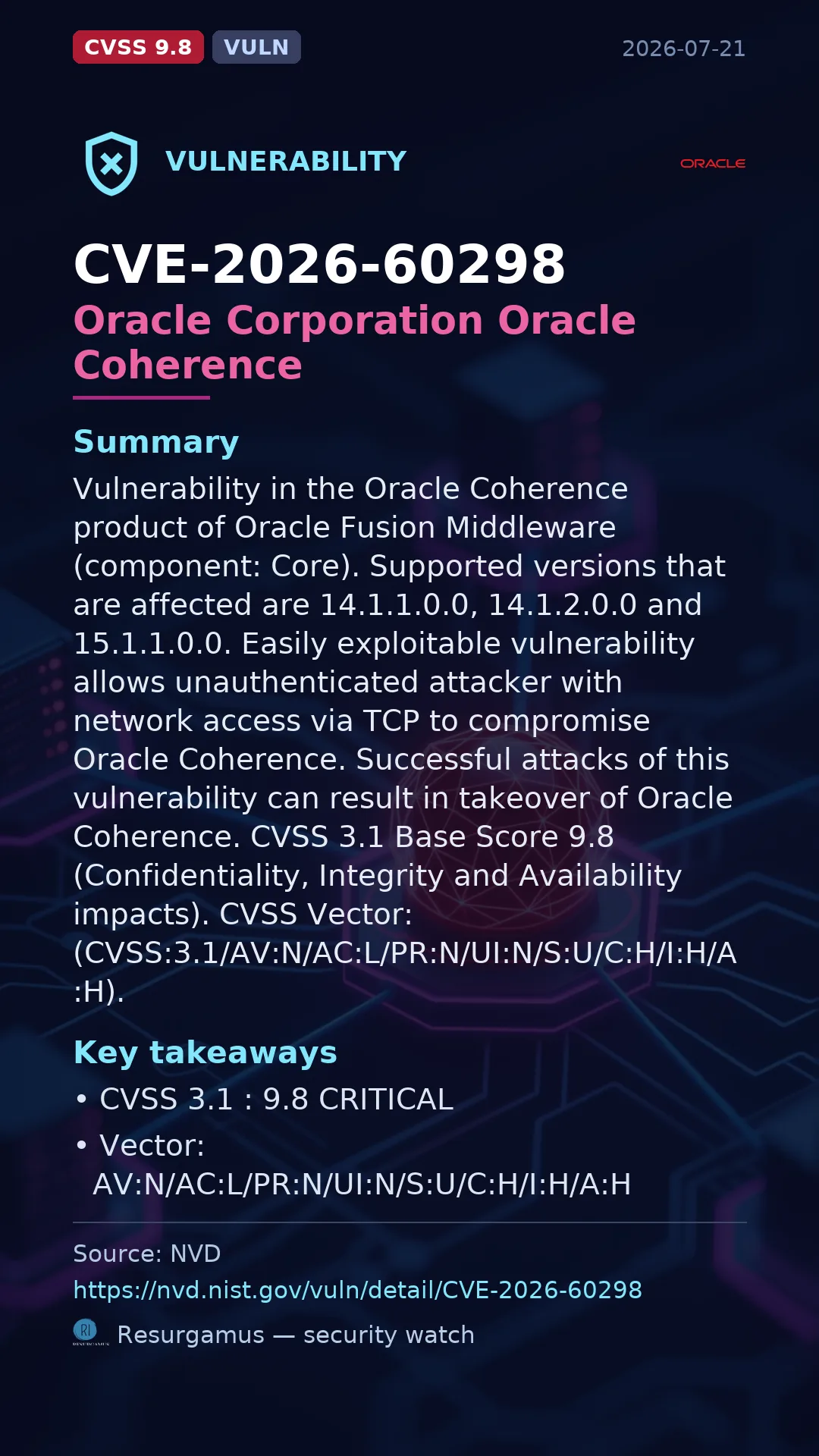 CVE-2026-60298 Oracle Corporation Oracle Coherence Vulnerability