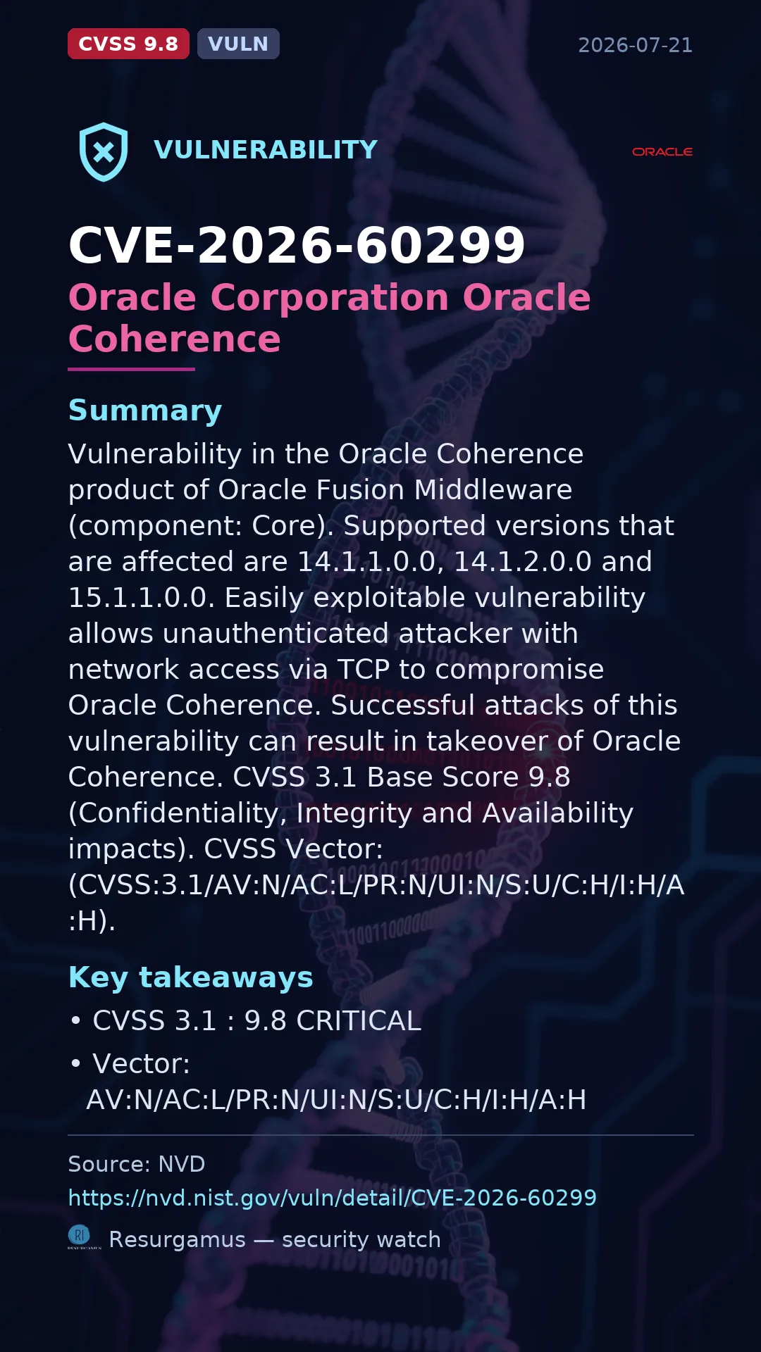CVE-2026-60299 Oracle Corporation Oracle Coherence Vulnerability