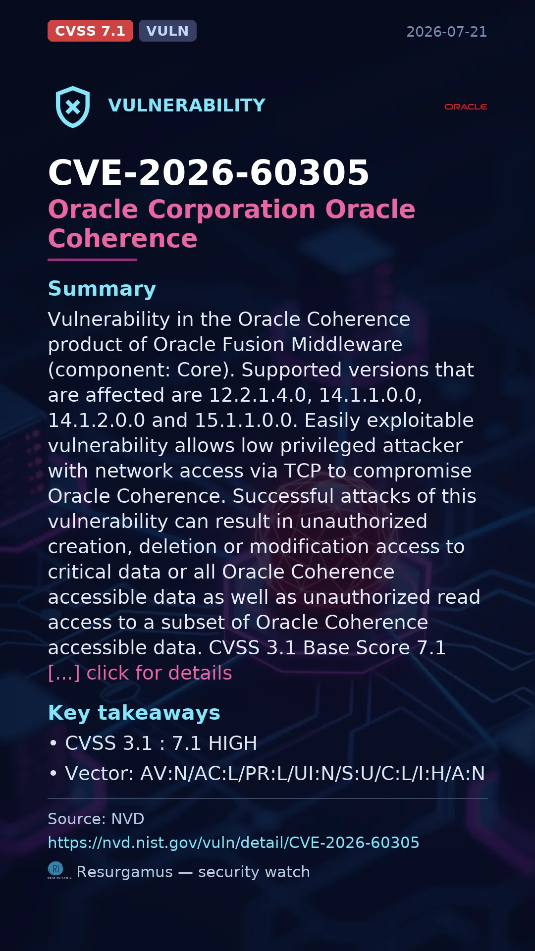 CVE-2026-60305 Oracle Corporation Oracle Coherence Vulnerability