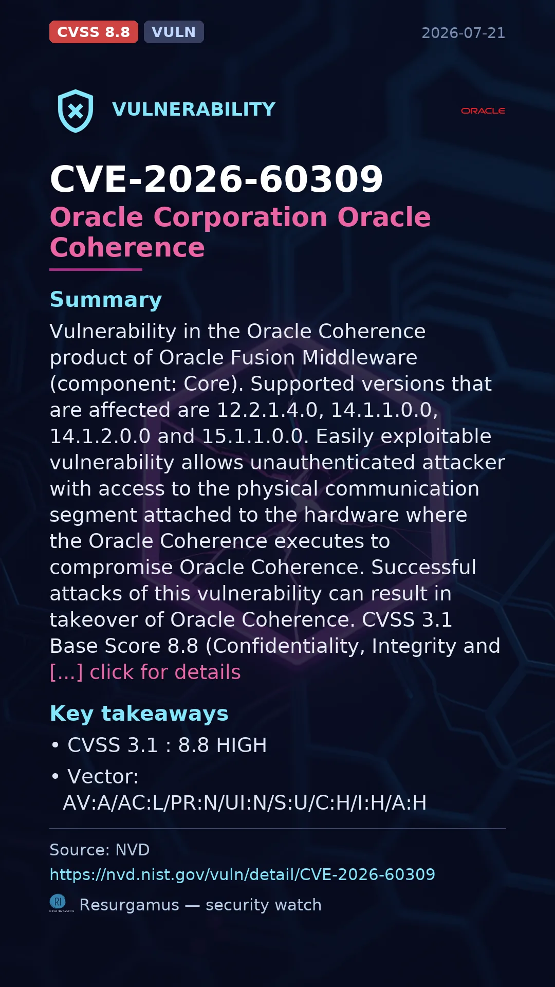 CVE-2026-60309 Oracle Corporation Oracle Coherence Vulnerability