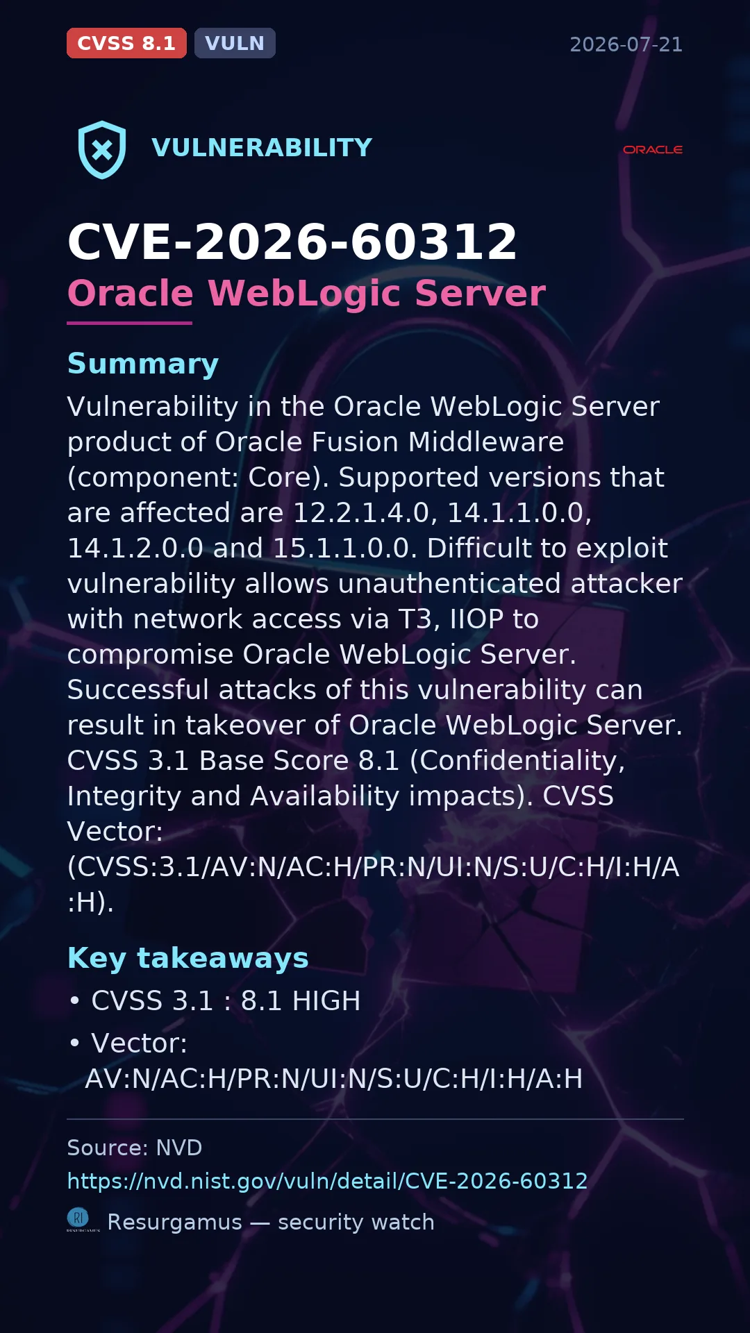 CVE-2026-60312 Oracle WebLogic Server Vulnerability