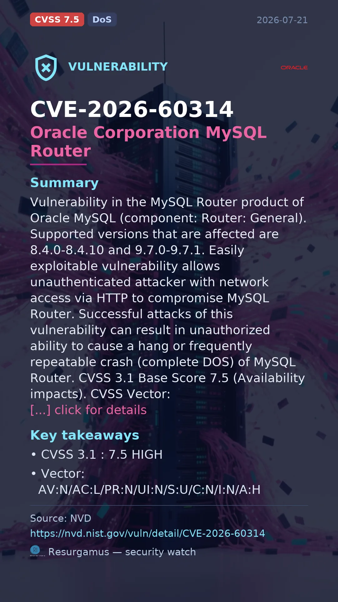 CVE-2026-60314 Oracle Corporation MySQL Router Vulnerability