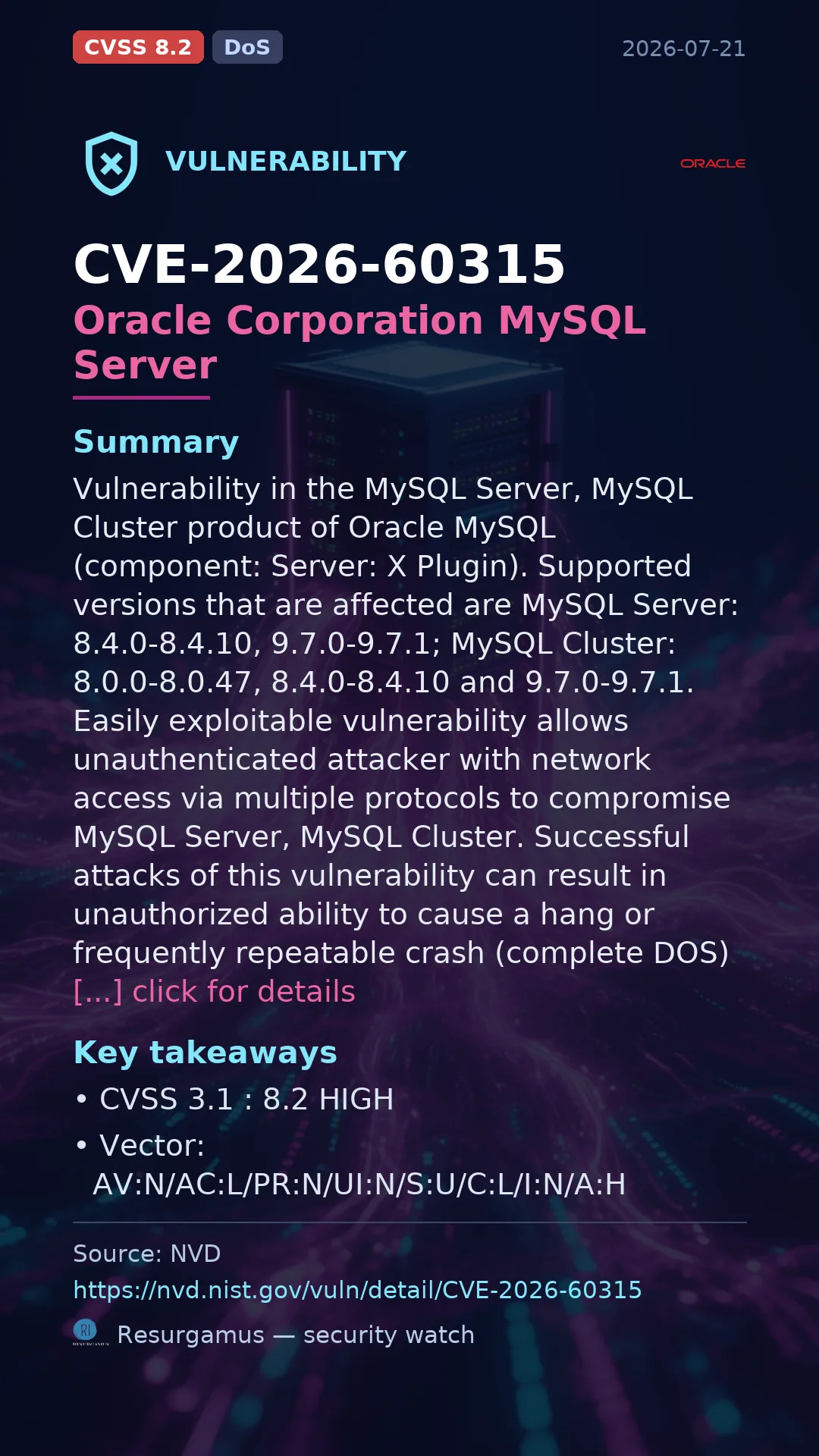 CVE-2026-60315 Oracle Corporation MySQL Server Vulnerability
