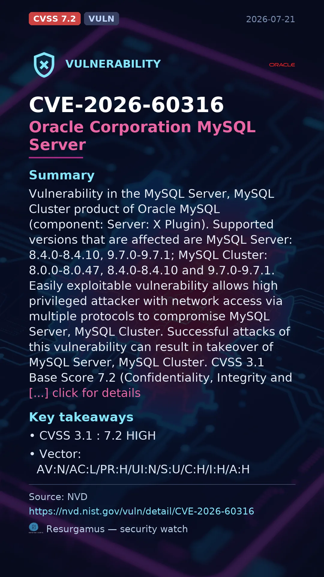 CVE-2026-60316 Oracle Corporation MySQL Server Vulnerability
