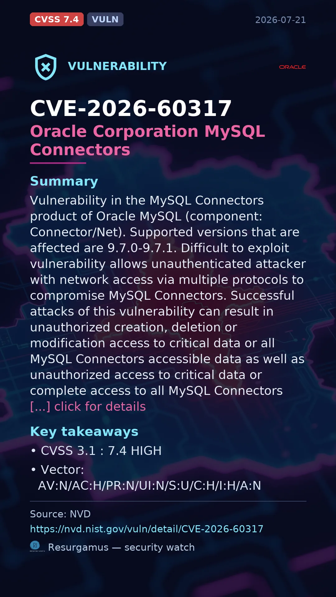 CVE-2026-60317 Oracle Corporation MySQL Connectors Vulnerability