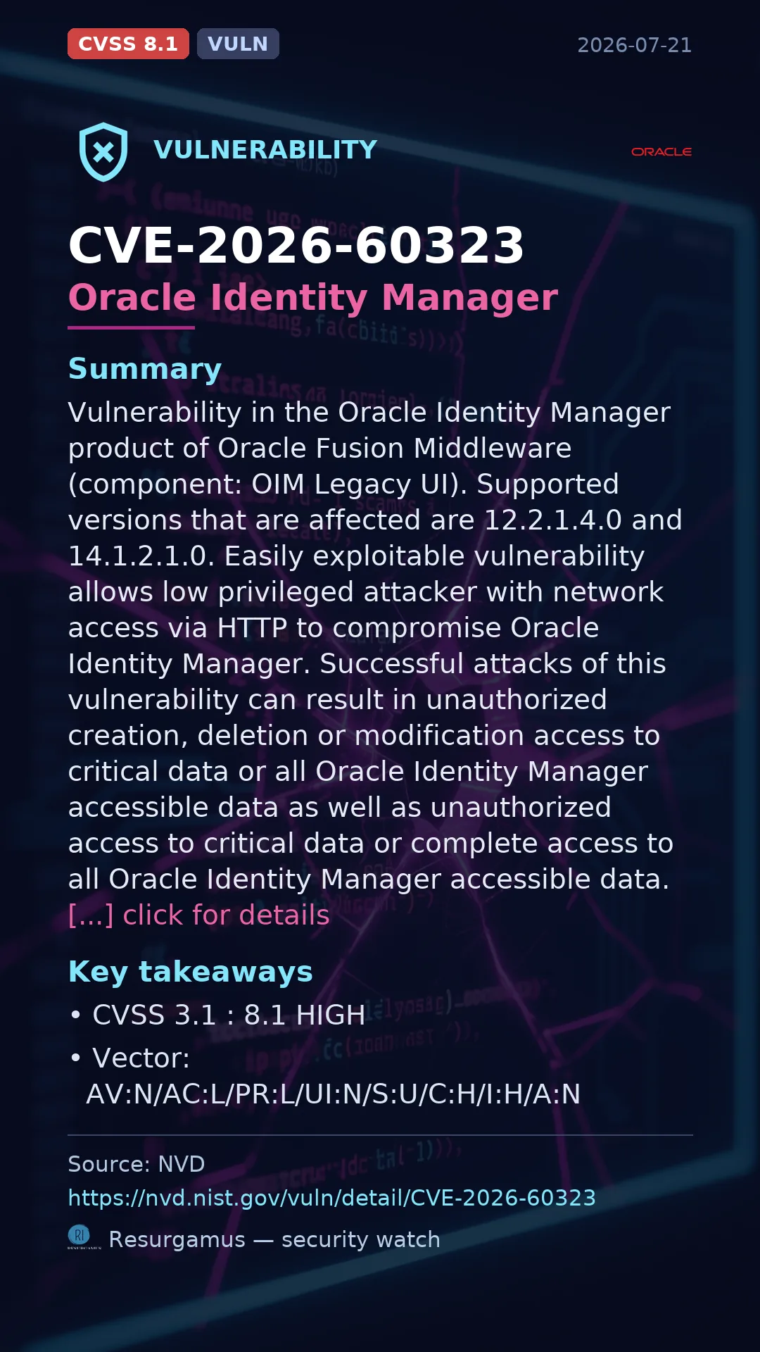CVE-2026-60323 Oracle Identity Manager Vulnerability