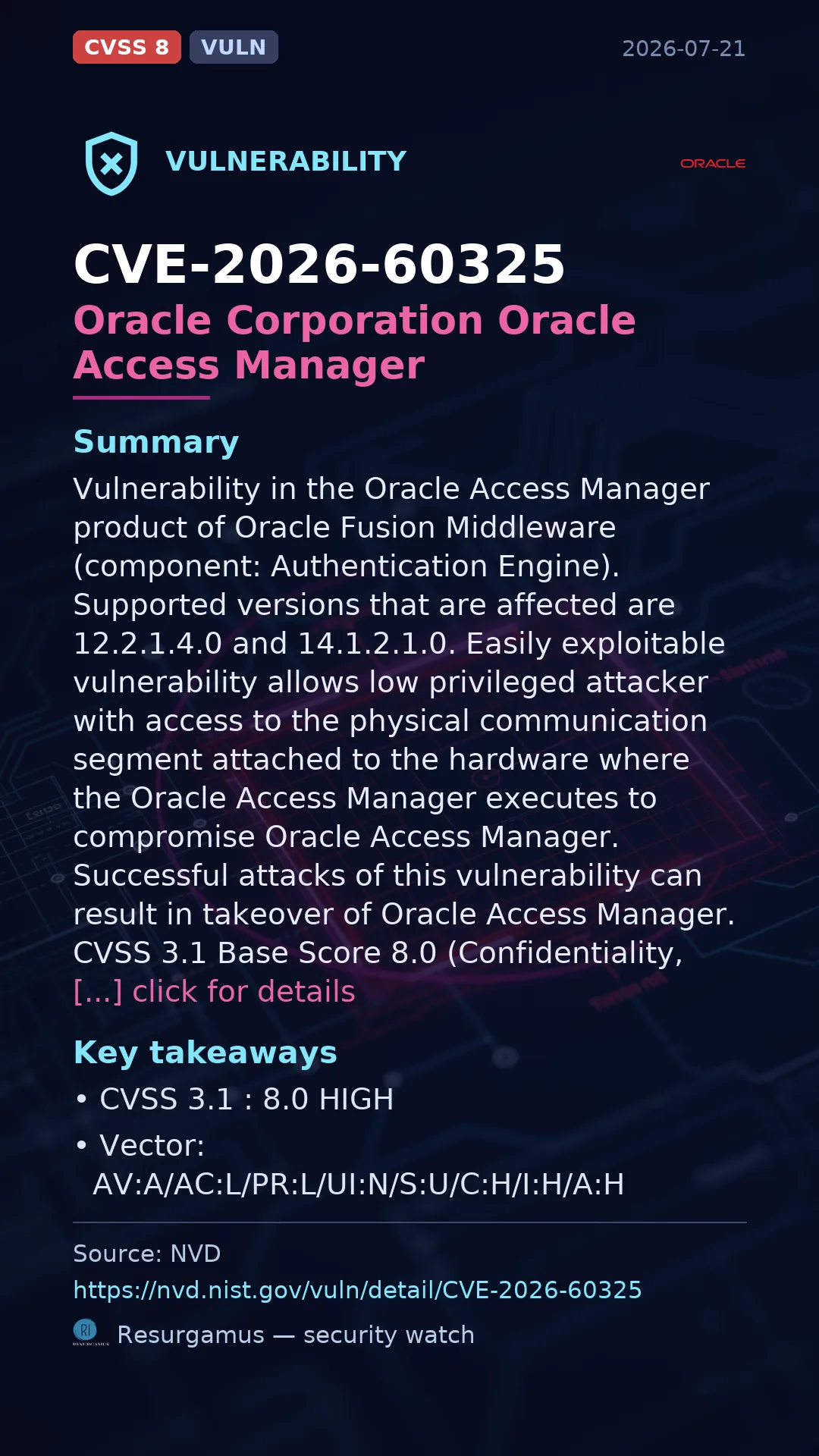 CVE-2026-60325 Oracle Corporation Oracle Access Manager Vulnerability