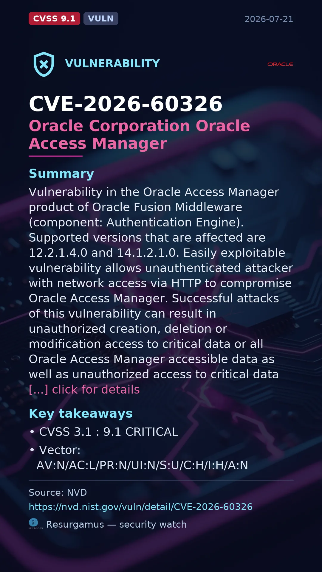 CVE-2026-60326 Oracle Corporation Oracle Access Manager Vulnerability