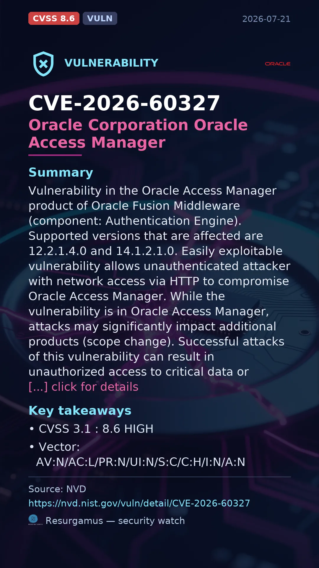 CVE-2026-60327 Oracle Corporation Oracle Access Manager Vulnerability