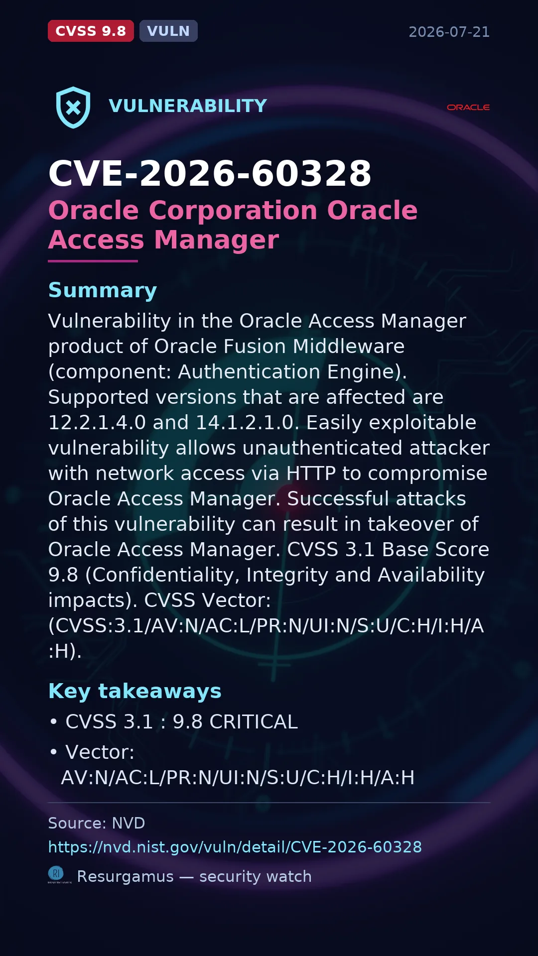 CVE-2026-60328 Oracle Corporation Oracle Access Manager Vulnerability
