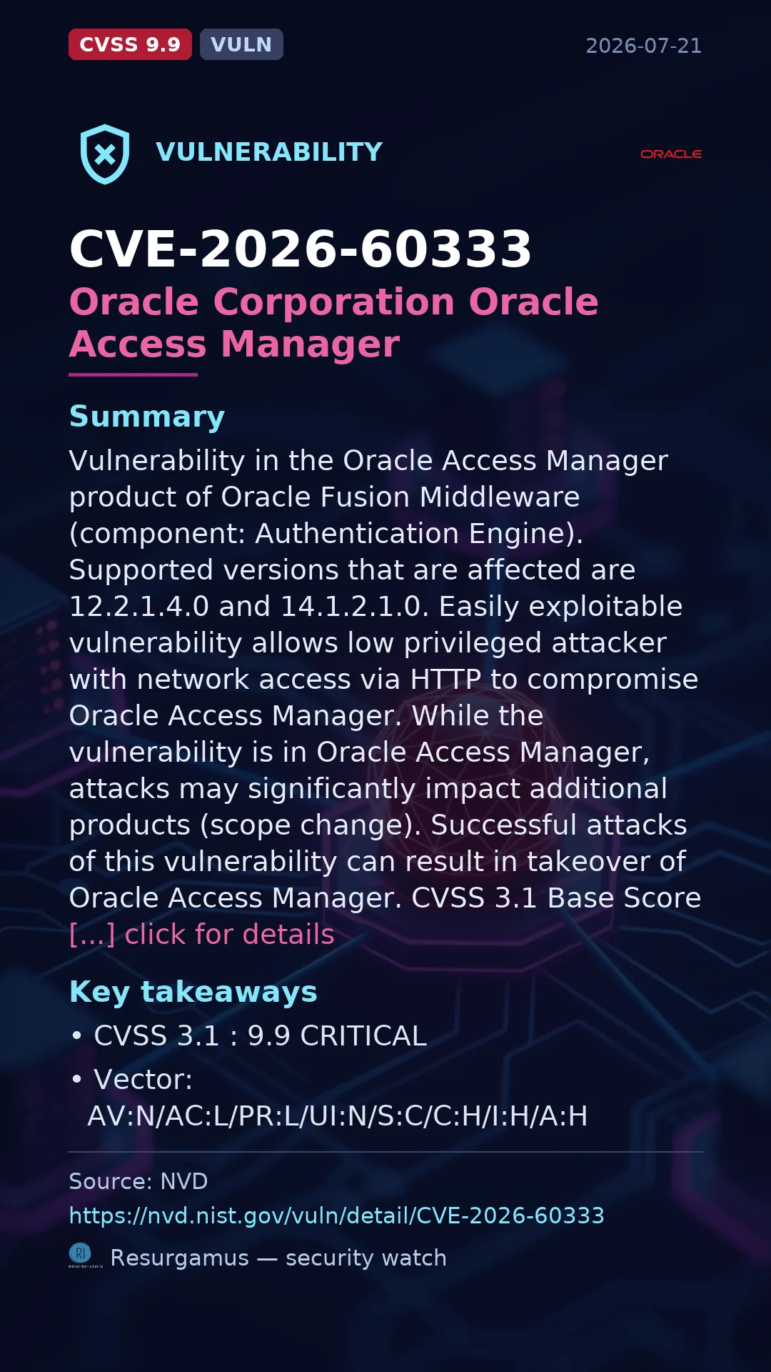 CVE-2026-60333 Oracle Corporation Oracle Access Manager Vulnerability