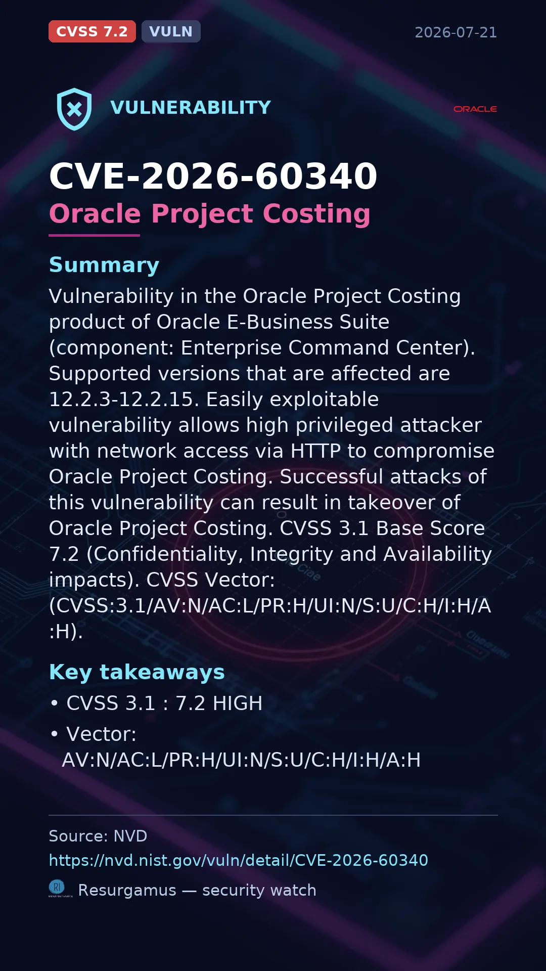 CVE-2026-60340 Oracle Project Costing Vulnerability