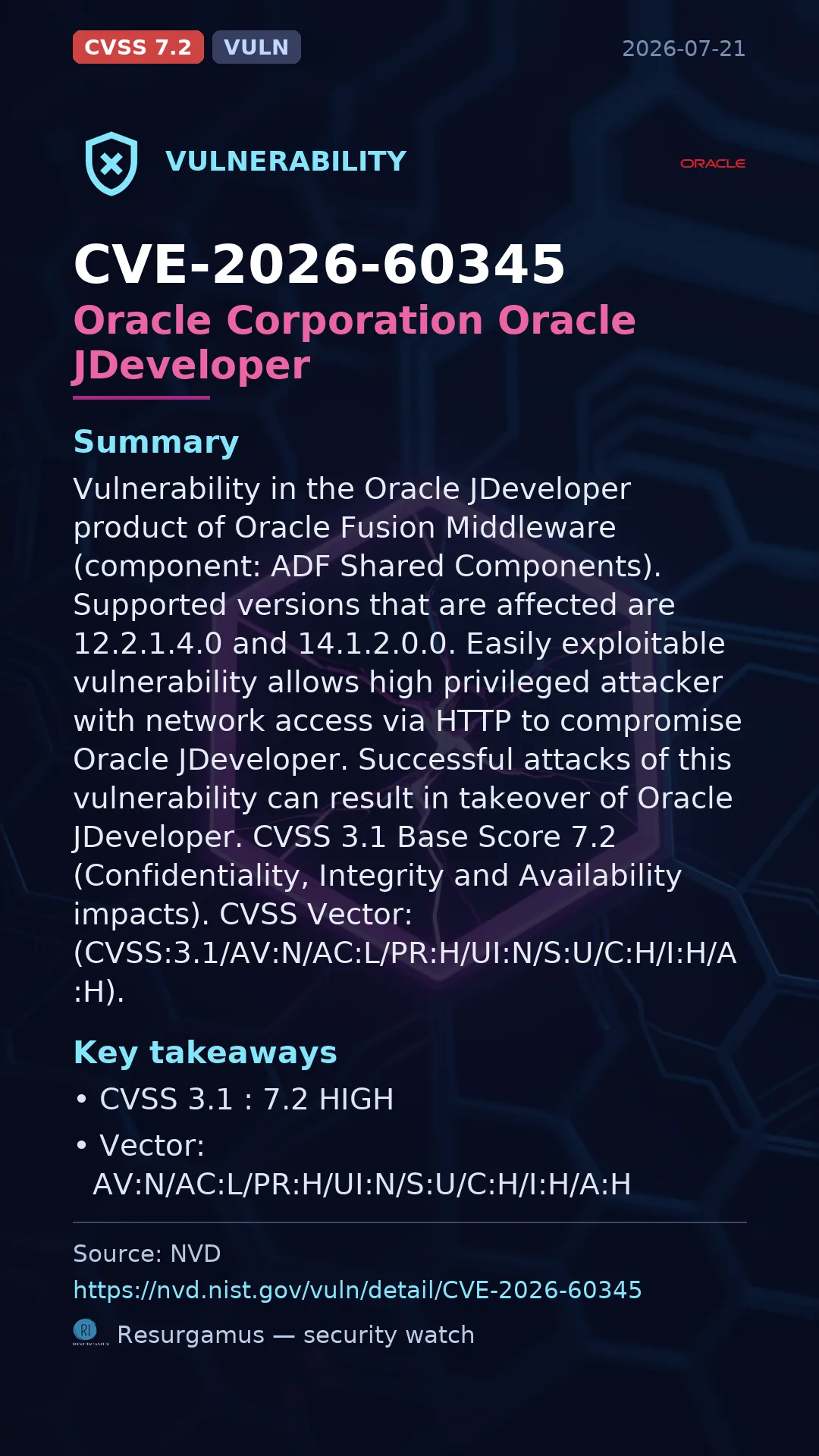 CVE-2026-60345 Oracle Corporation Oracle JDeveloper Vulnerability