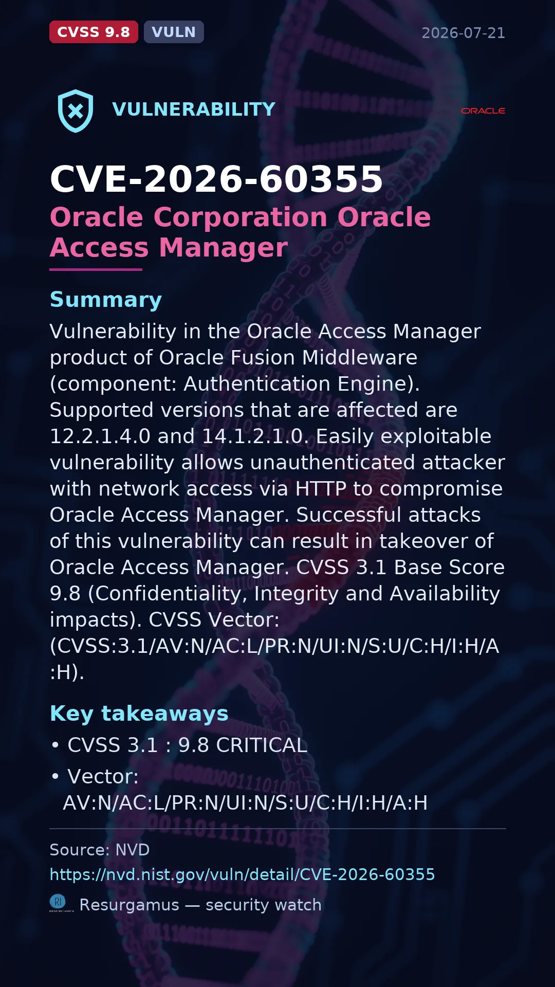 CVE-2026-60355 Oracle Corporation Oracle Access Manager Vulnerability