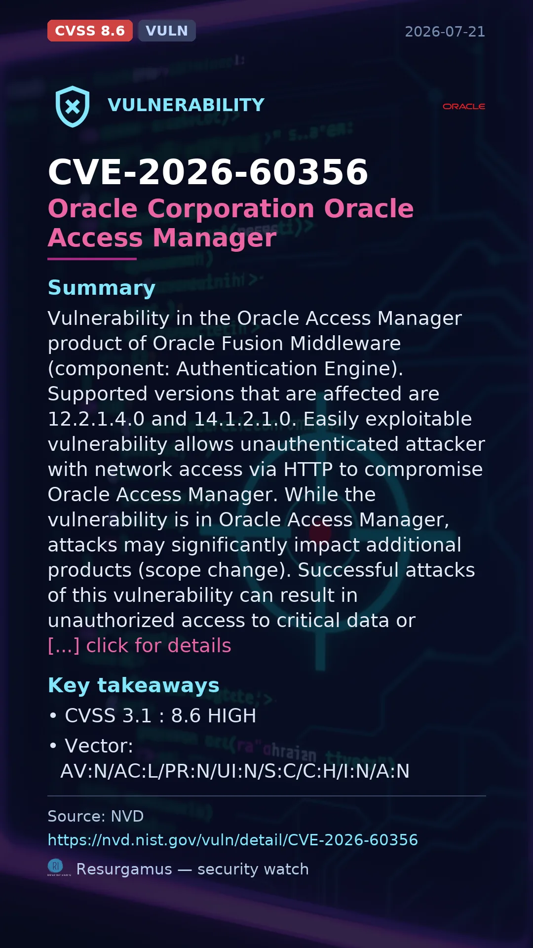 CVE-2026-60356 Oracle Corporation Oracle Access Manager Vulnerability