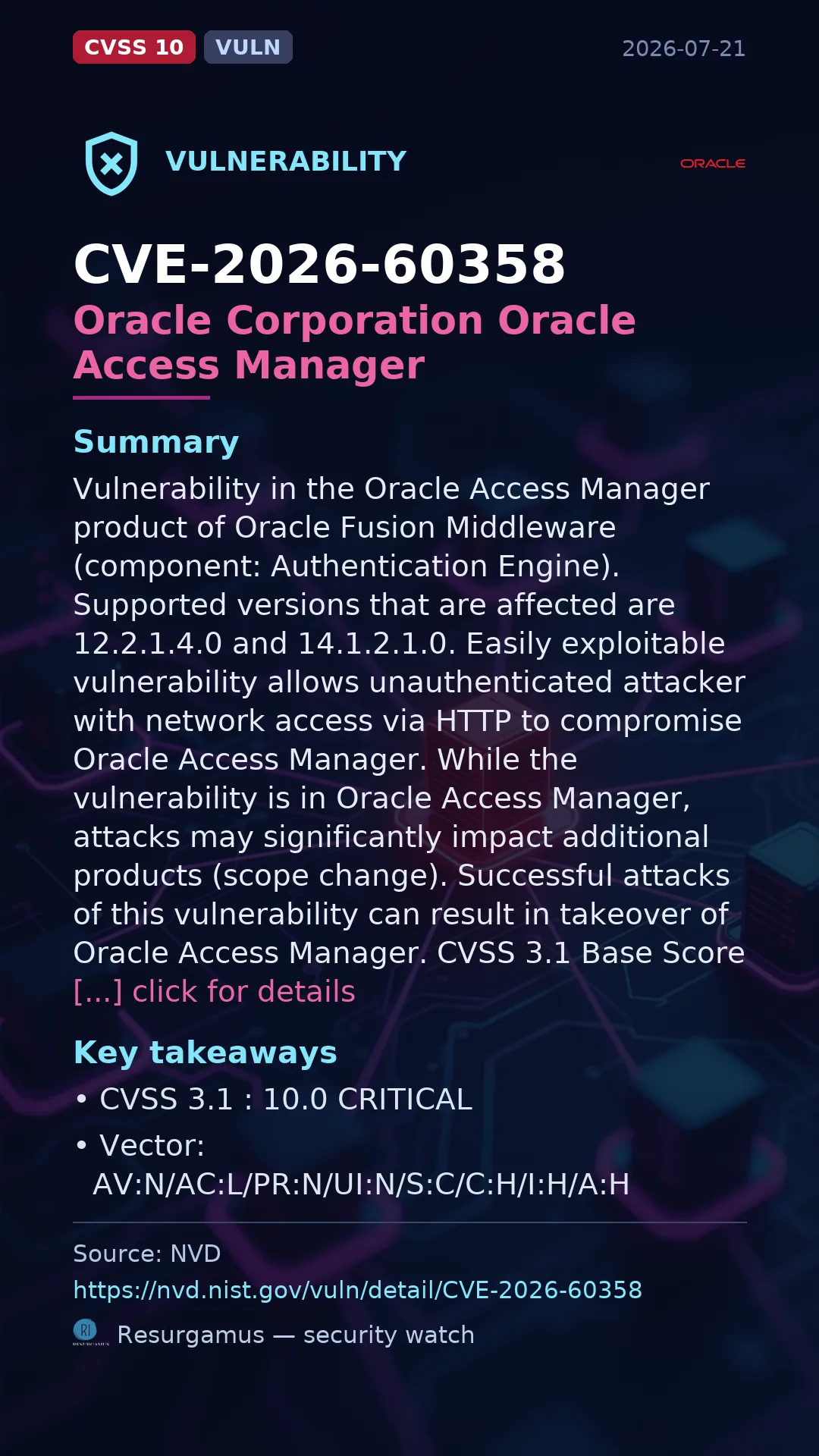 CVE-2026-60358 Oracle Corporation Oracle Access Manager Vulnerability