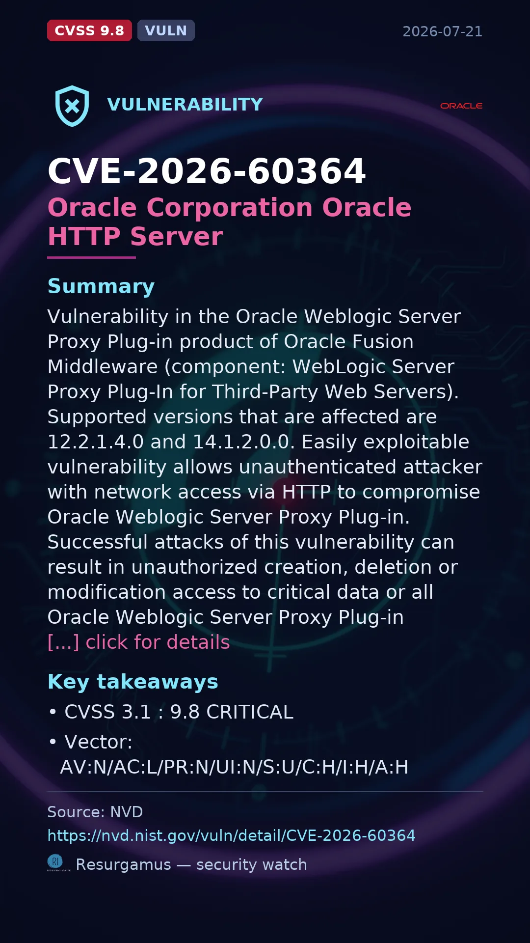 CVE-2026-60364 Oracle Corporation Oracle HTTP Server Vulnerability