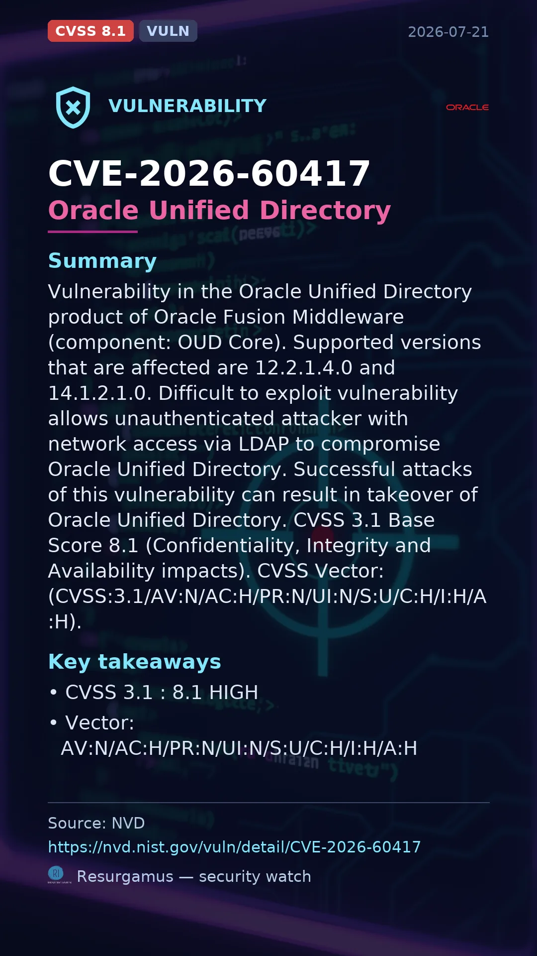 CVE-2026-60417 Oracle Unified Directory Vulnerability