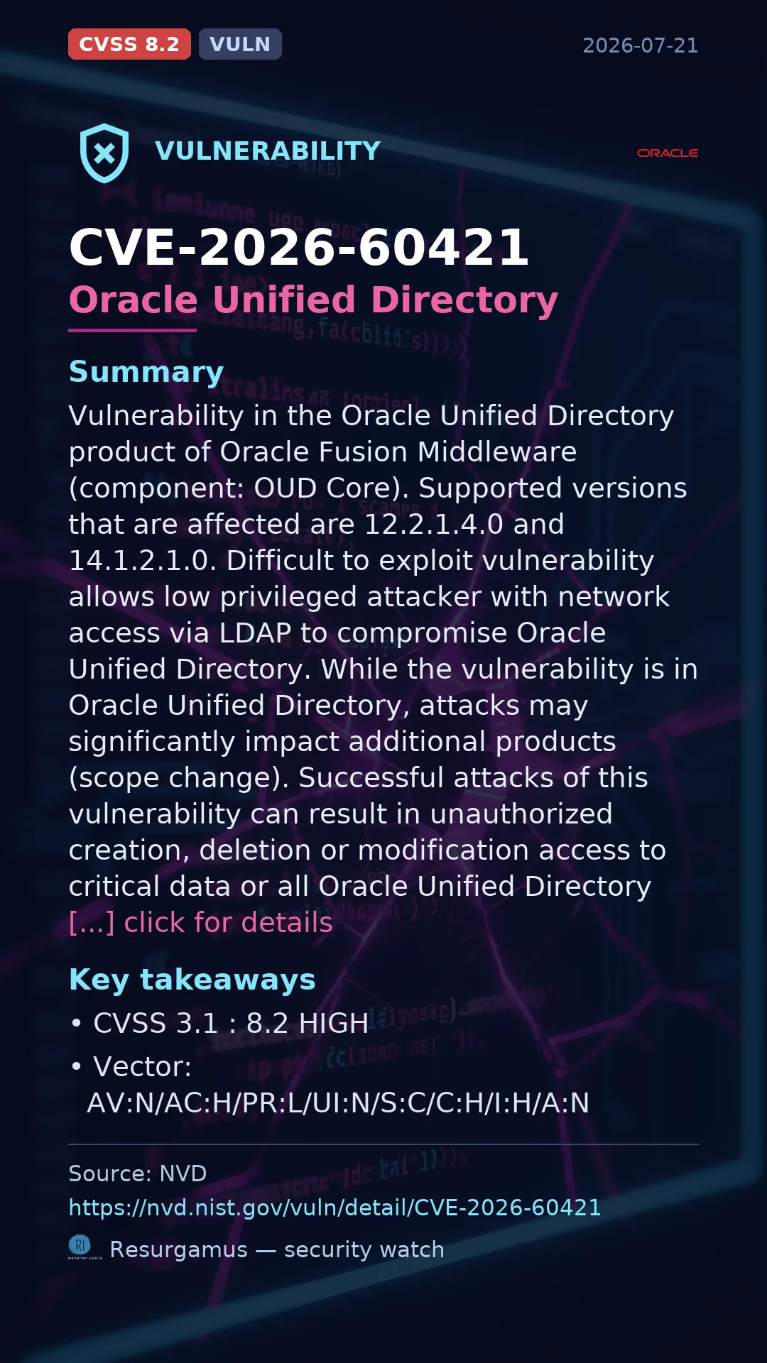 CVE-2026-60421 Oracle Unified Directory Vulnerability