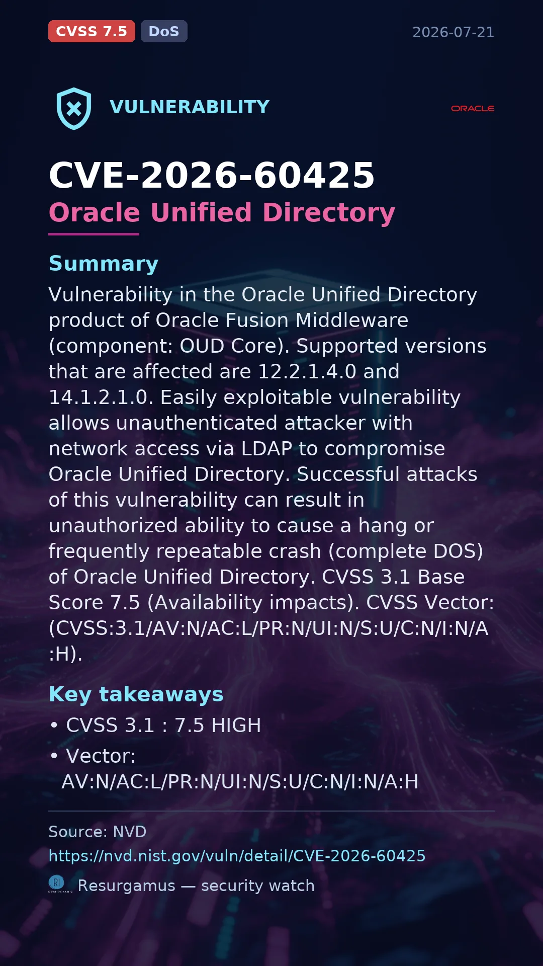 CVE-2026-60425 Oracle Unified Directory Vulnerability