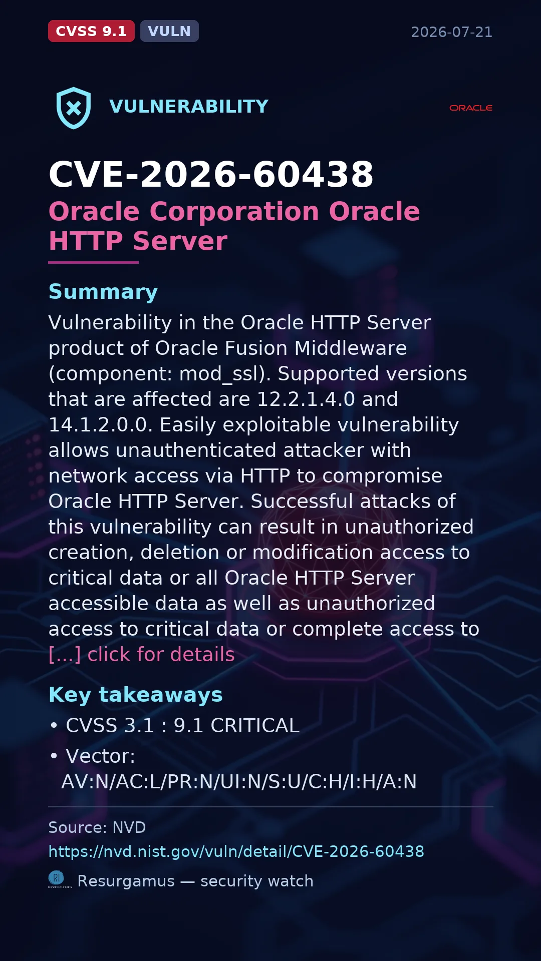 CVE-2026-60438 Oracle Corporation Oracle HTTP Server Vulnerability