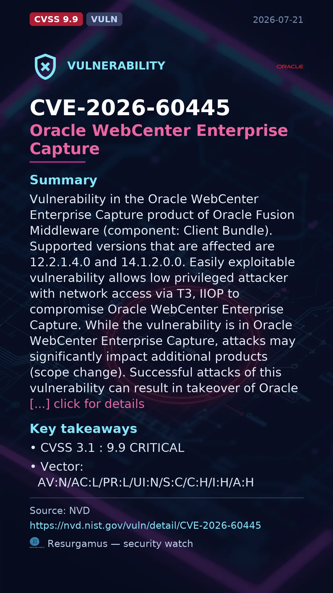 CVE-2026-60445 Oracle WebCenter Enterprise Capture Vulnerability