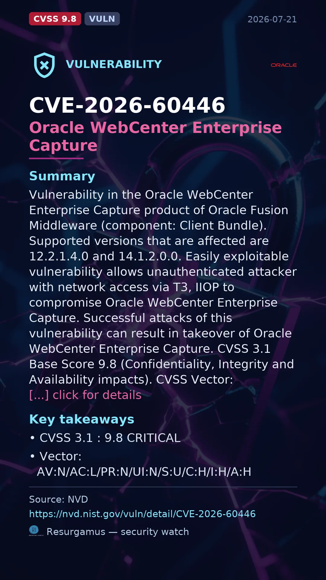 CVE-2026-60446 Oracle WebCenter Enterprise Capture Vulnerability